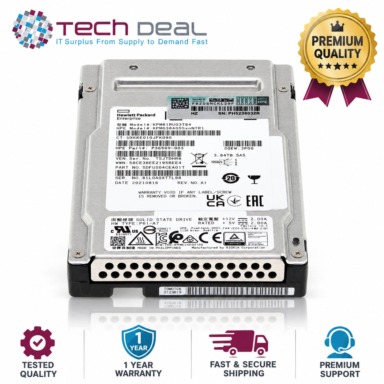 HPE 3.84TB 24G SAS 2.5" SSD PM6-R KPM61RUG3T84 P36509-003 Read Intensive