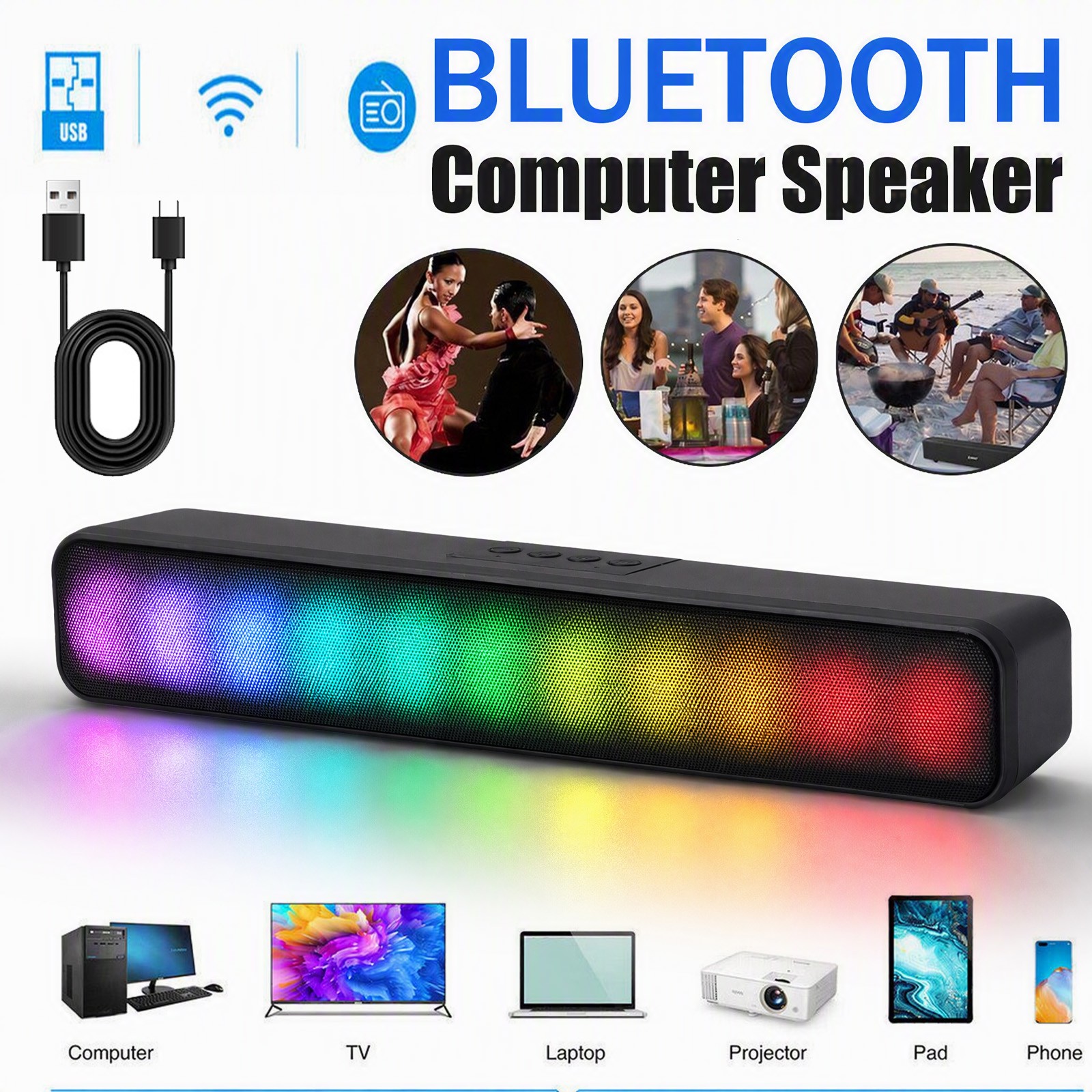 Surround Sound Bar 2 Speaker Wireless Computer Speaker TV Home Theater RGB Light