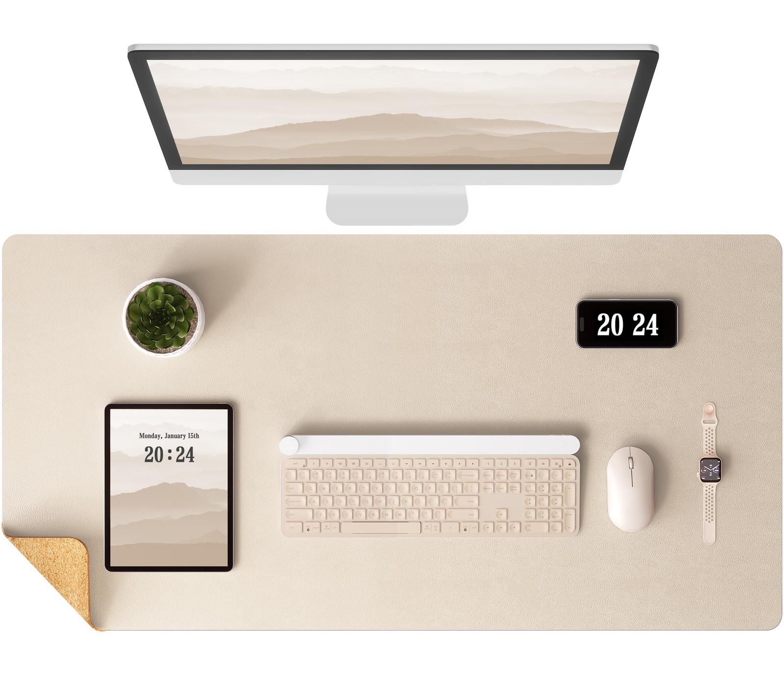 Aothia Dual-Sided Desk Mat Cork & Leather Protector Beige 37.8"x17"