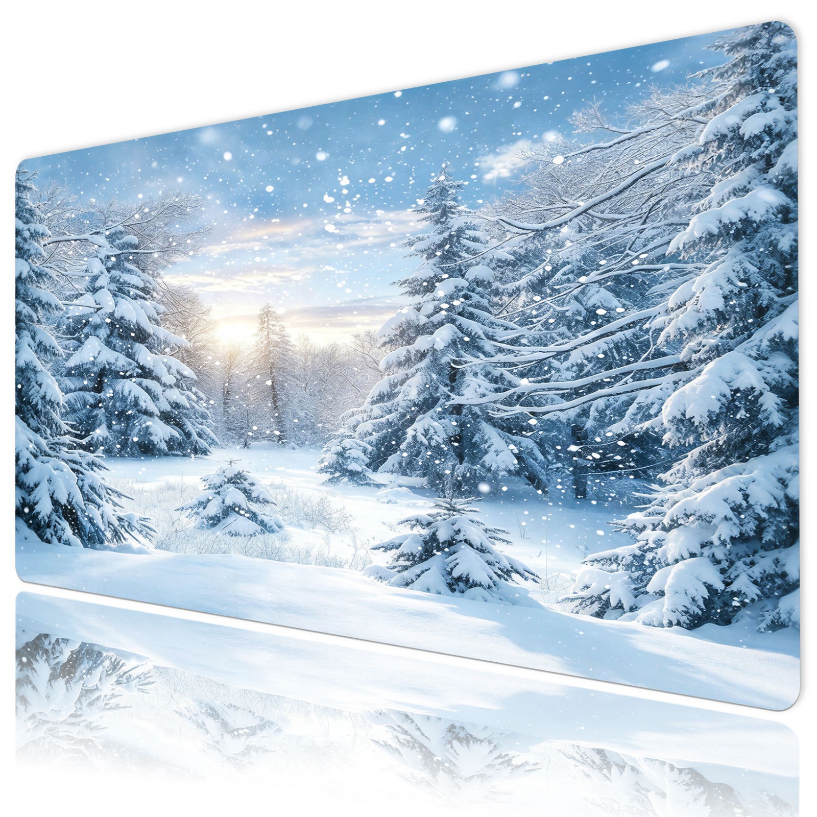 Blue Sky Snowy Pine Tree Winter Forest Mat for Keyboard and Mouse Desk Pad