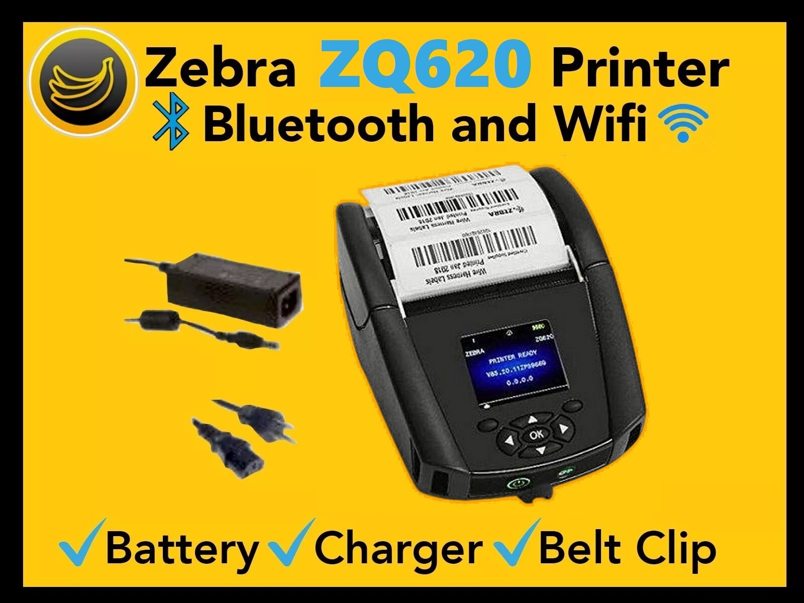 ✅Zebra ZQ620 Barcode Printer, WiFi, Bluetooth w/ Battery, Charger, Belt Clip🔥⭐