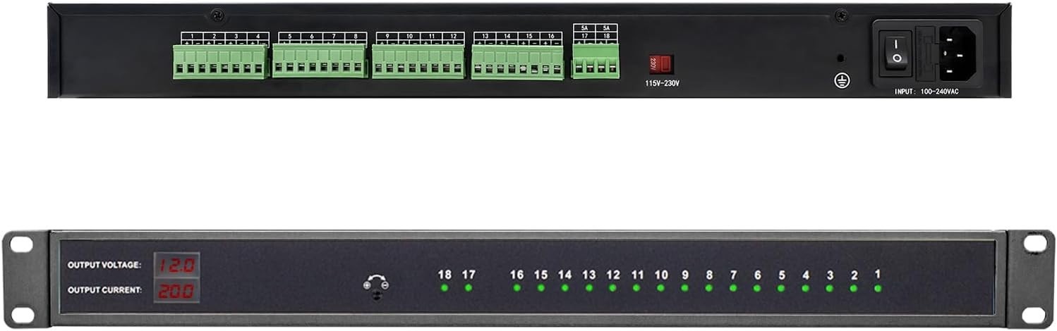 1U Rack Mount DC Distributed Power Box 18 Channel DC 12V 20 Amp Reset Fuseᦁ