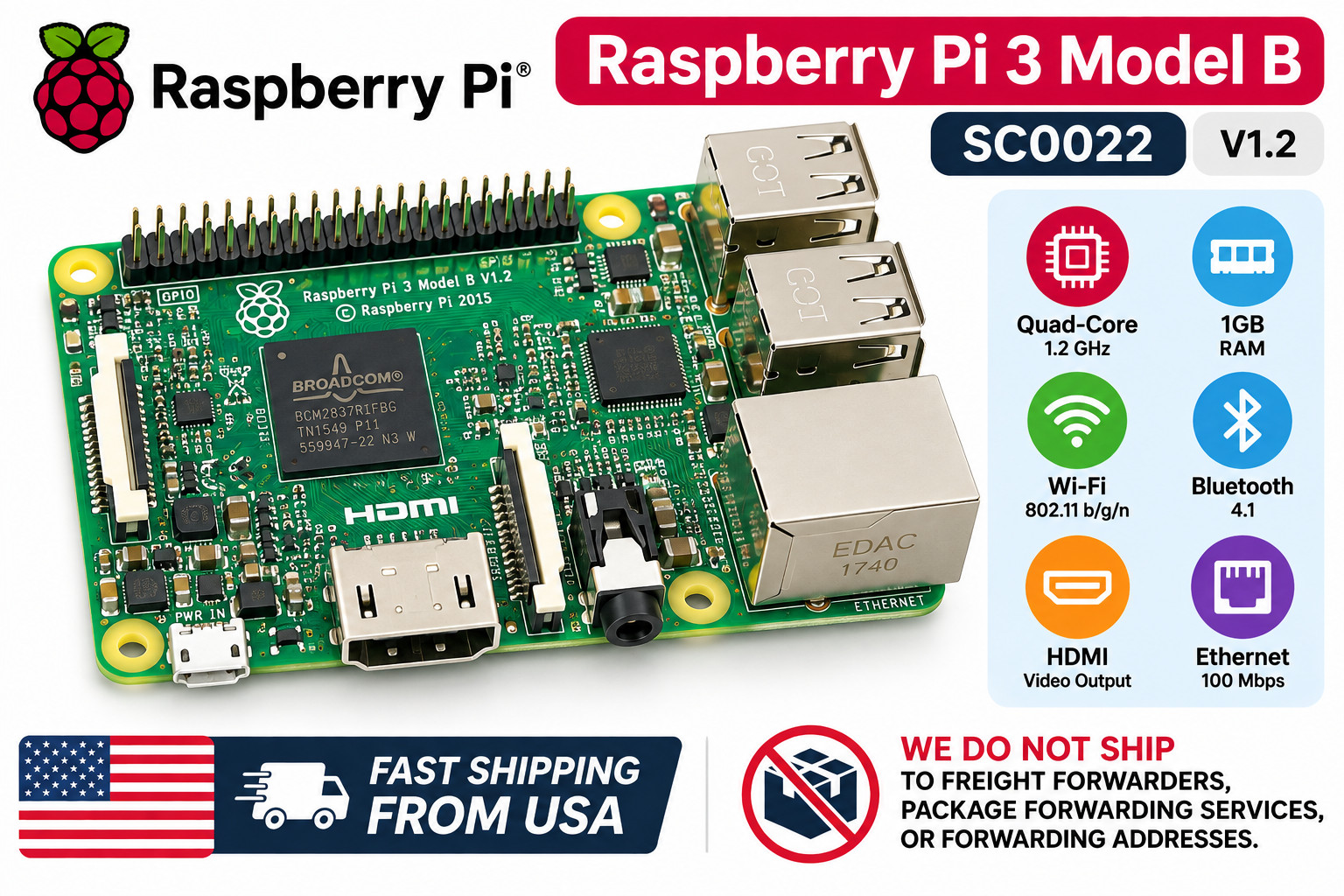 Raspberry Pi 3 Model B V1.2 1GB RAM Quad Core 1.2GHz WiFi Bluetooth SC0022