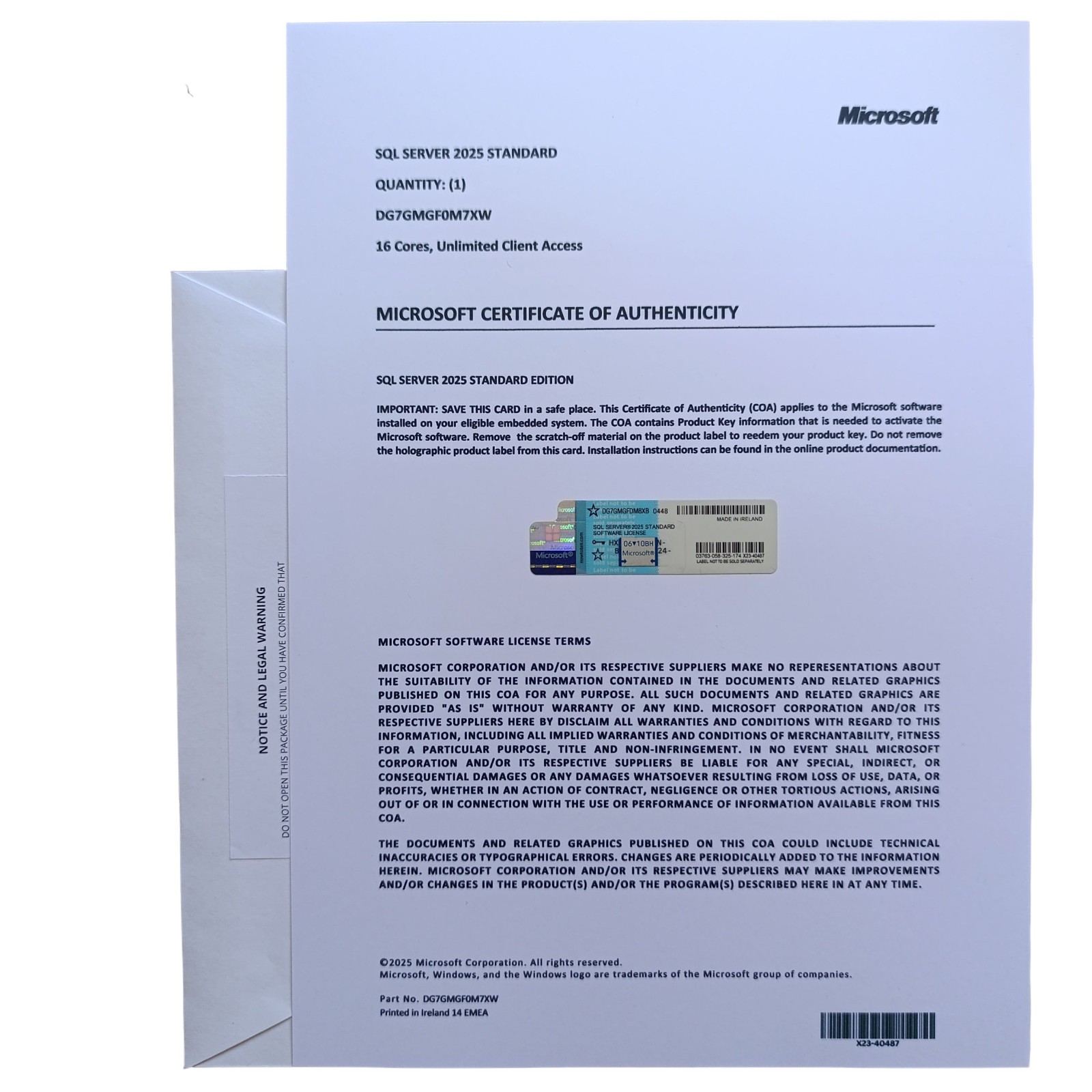 Microsoft SQL Server 2025 Standard 16 Core License COA Unlimited CALs, Physical