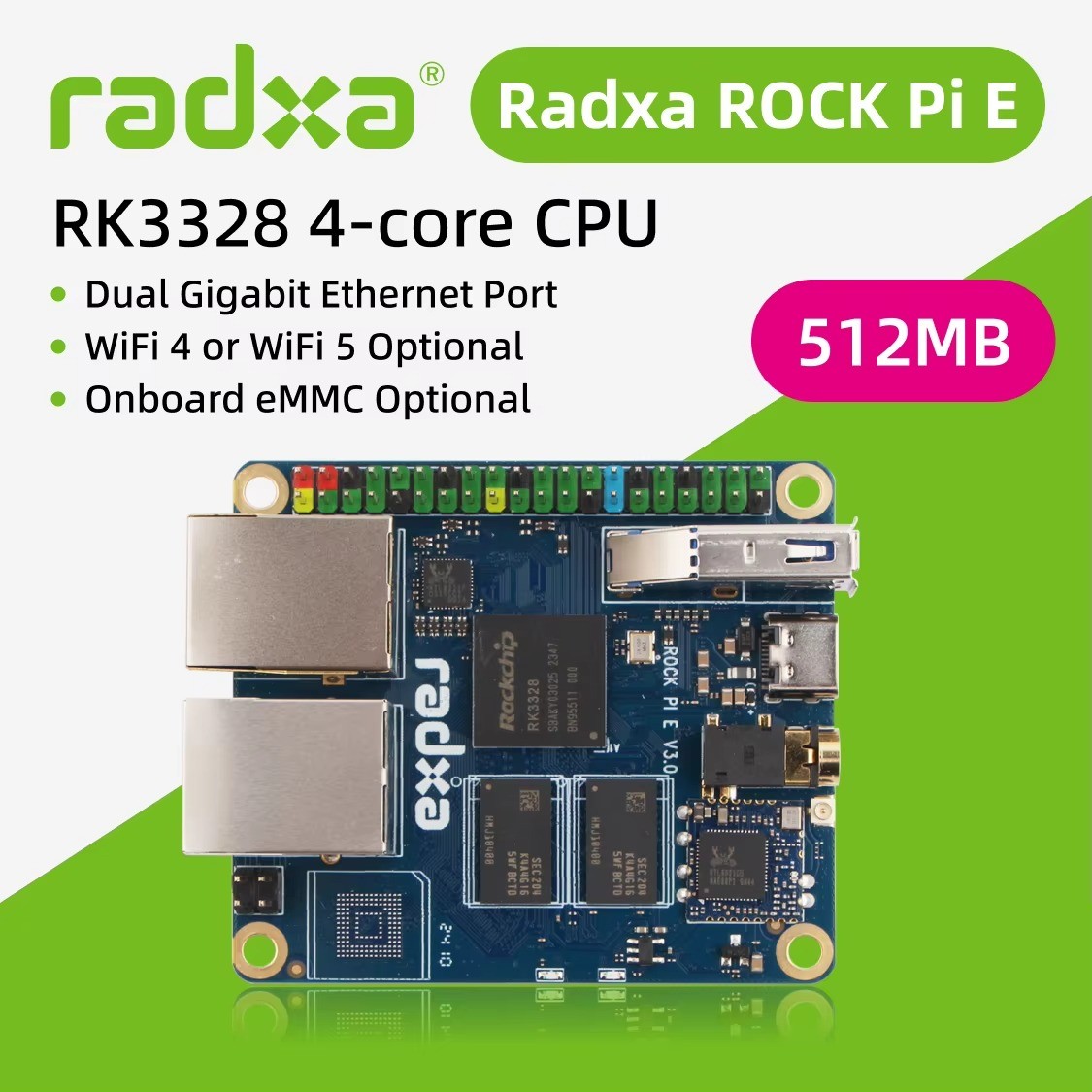 Radxa ROCK Pi E RK3328 Single Board Computer Dual Gigabit Ethernet WiFi