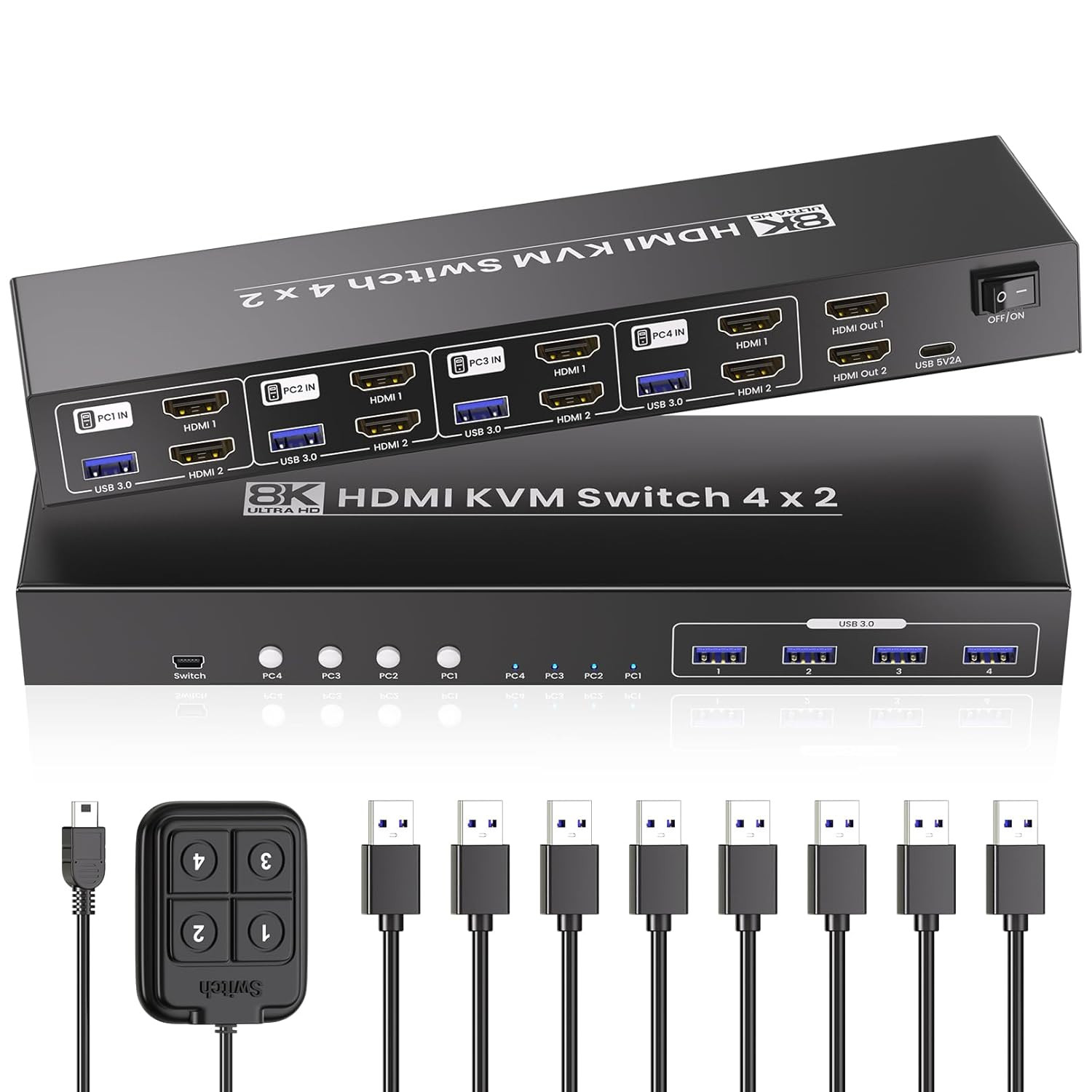 8K@60HZ 4K@120Hz HDMI KVM Switch 2 Monitors 4 Computers with 4 Port USB 3.0 Hub,