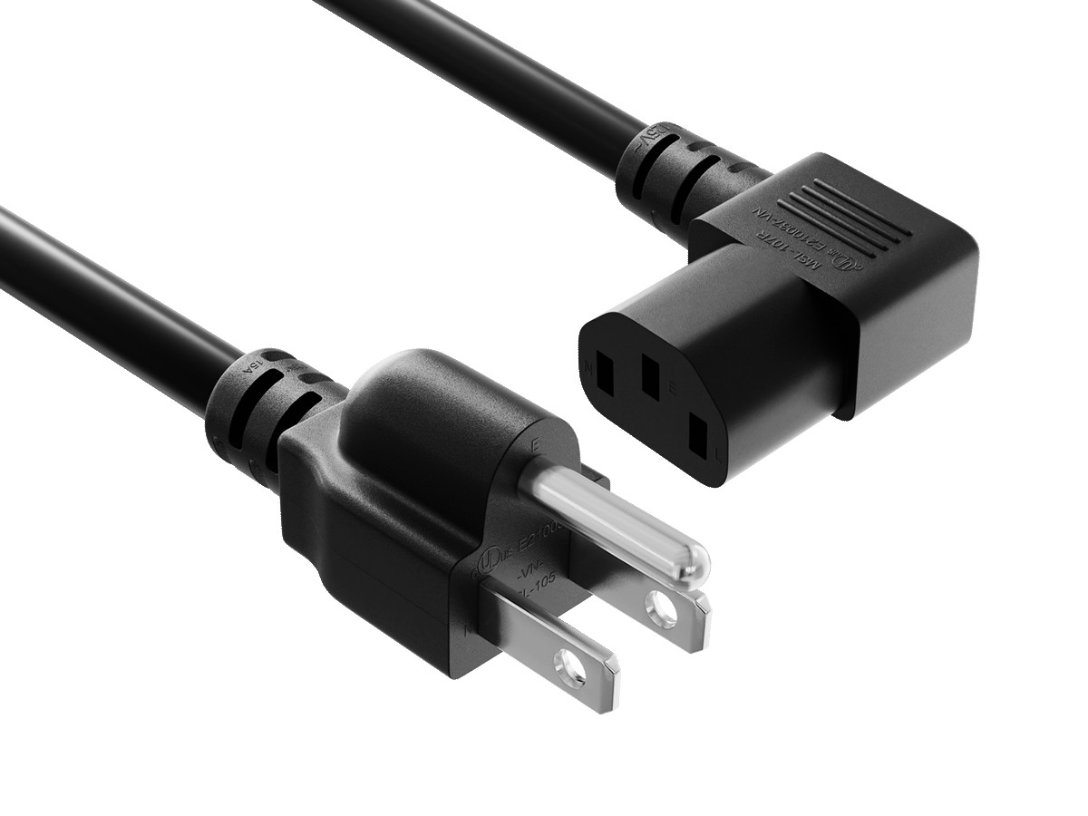 15ft NEMA 5-15P to C13 Right Angle Universal Power Cord, 18 AWG SVT, 10A/125V...