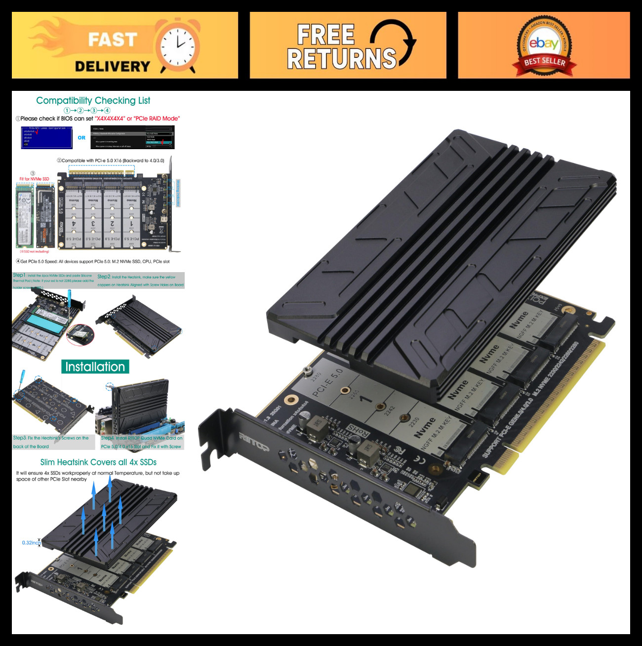 Quad NVMe PCIe 5.0 Adapter Card with Heatsink - 4X M.2 SSD Support, Bifurcation
