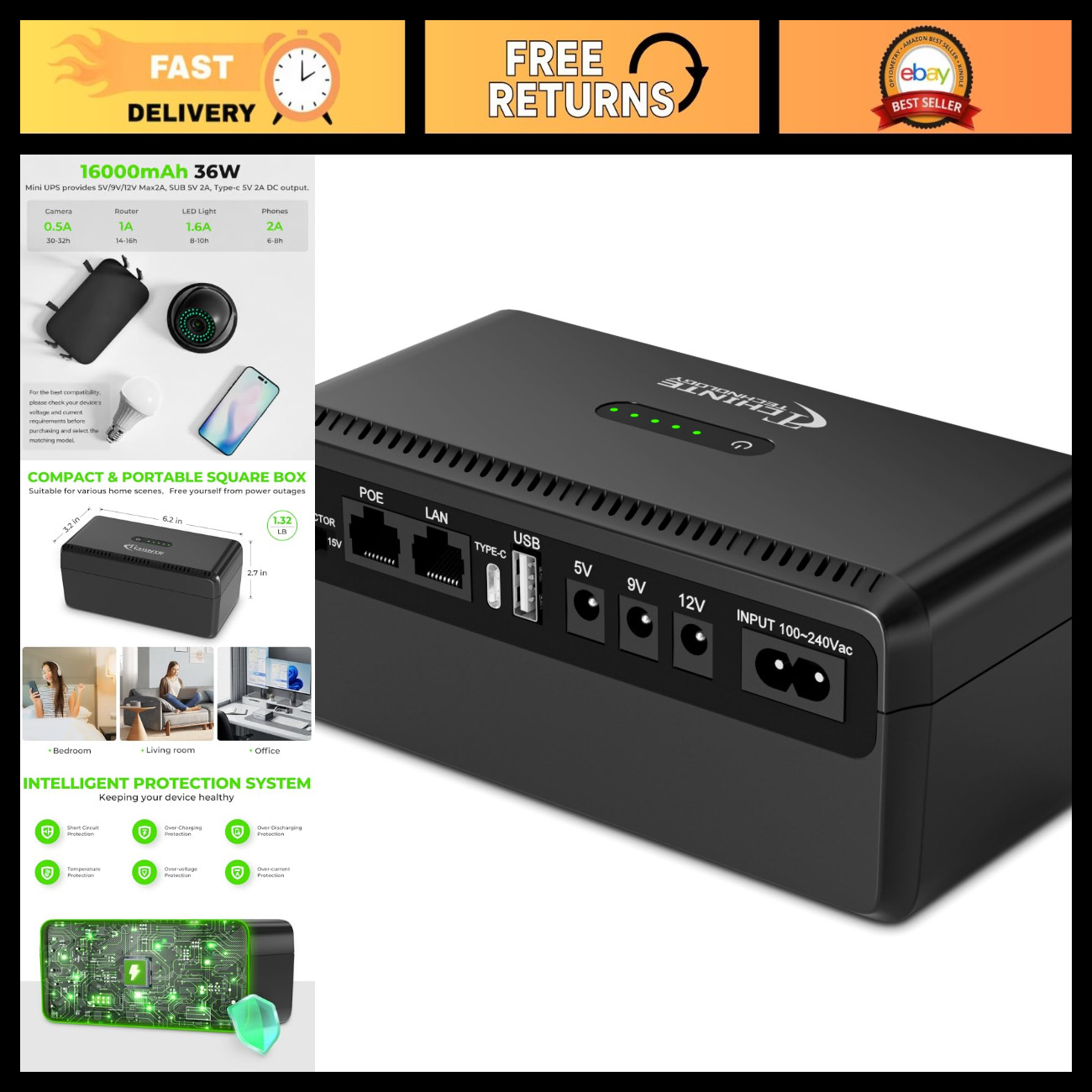 Mini UPS Battery Backup, Uninterruptible Power Supply, Compact Power Solution