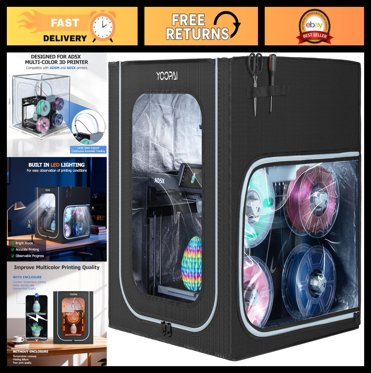 3D Printer Enclosure with LED Light for Flashforge AD5X/AD5M - Durable & Insulat