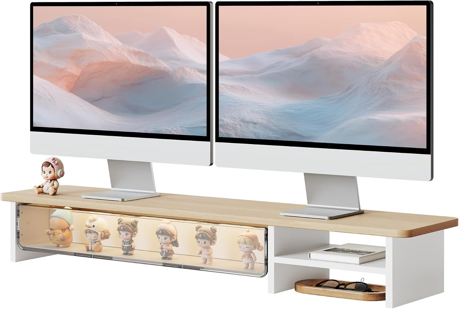 42.5-Inch Dual Monitor Stand Riser with Large Acrylic Drawer, Oak