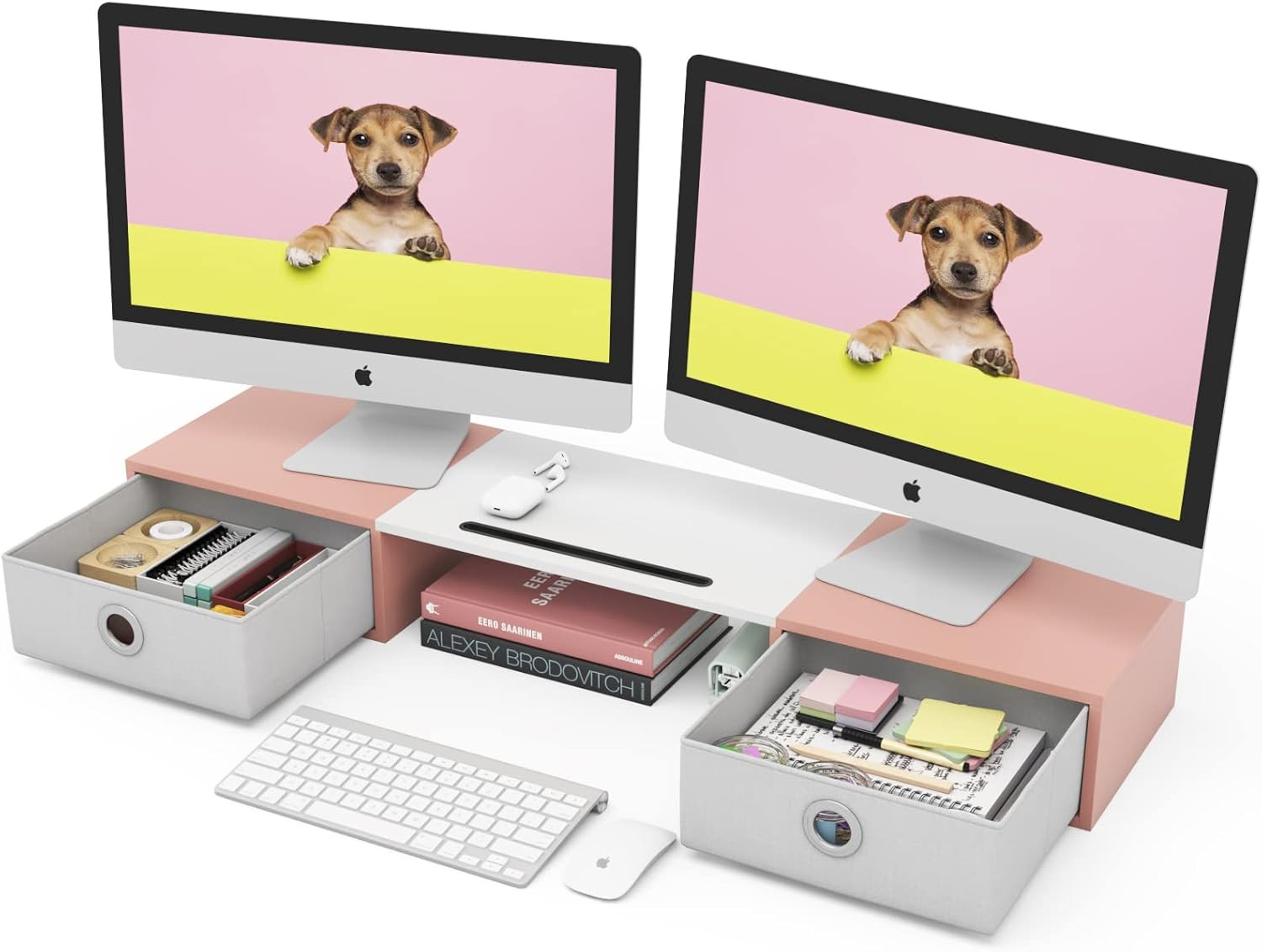 Dual Monitor Stand Riser with Two Drawers, Extra Large Storage Monitor