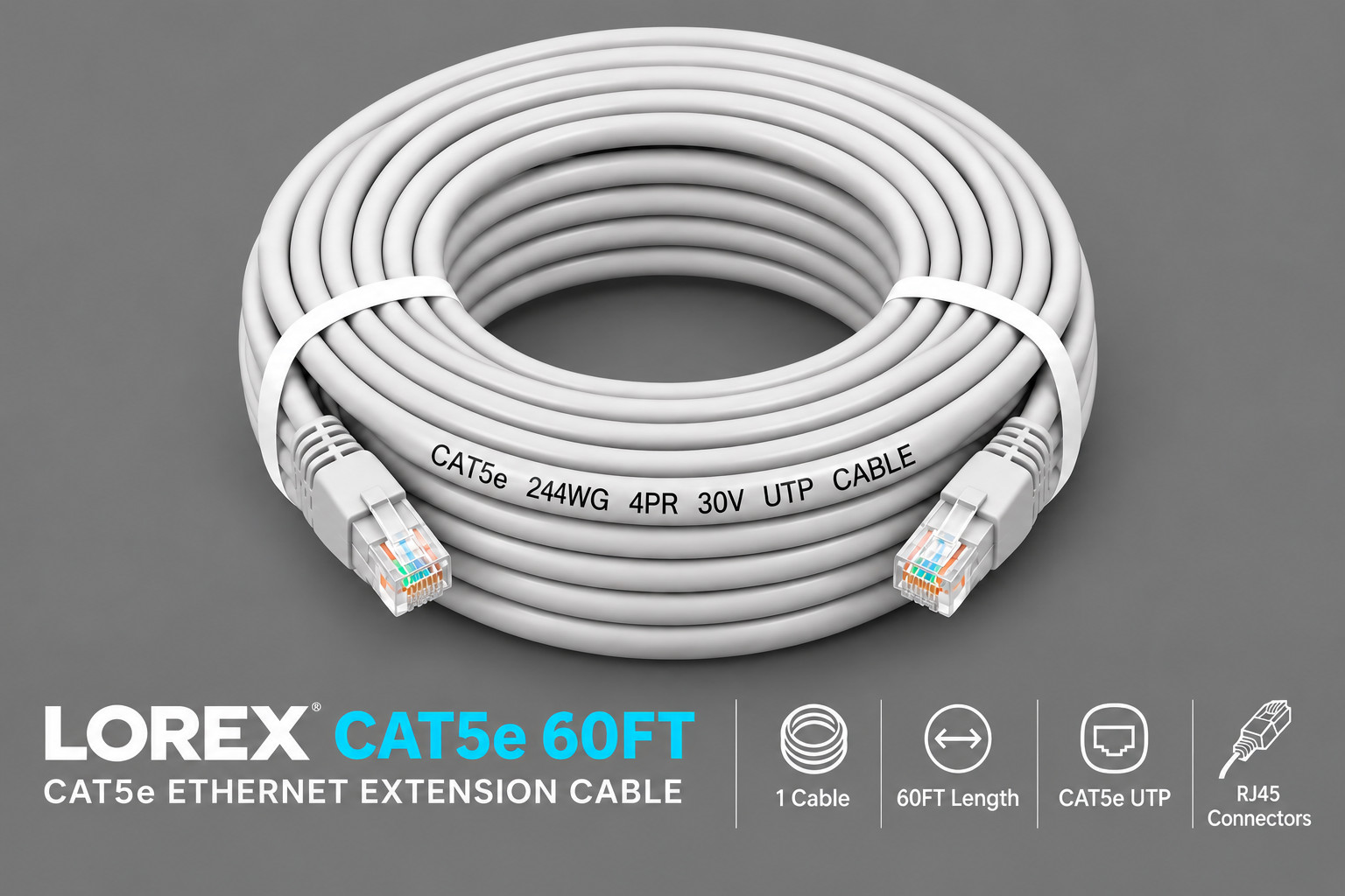 Lorex CAT5e Ethernet Cable 60ft RJ45 Network Extension Cable Gray 18.3m