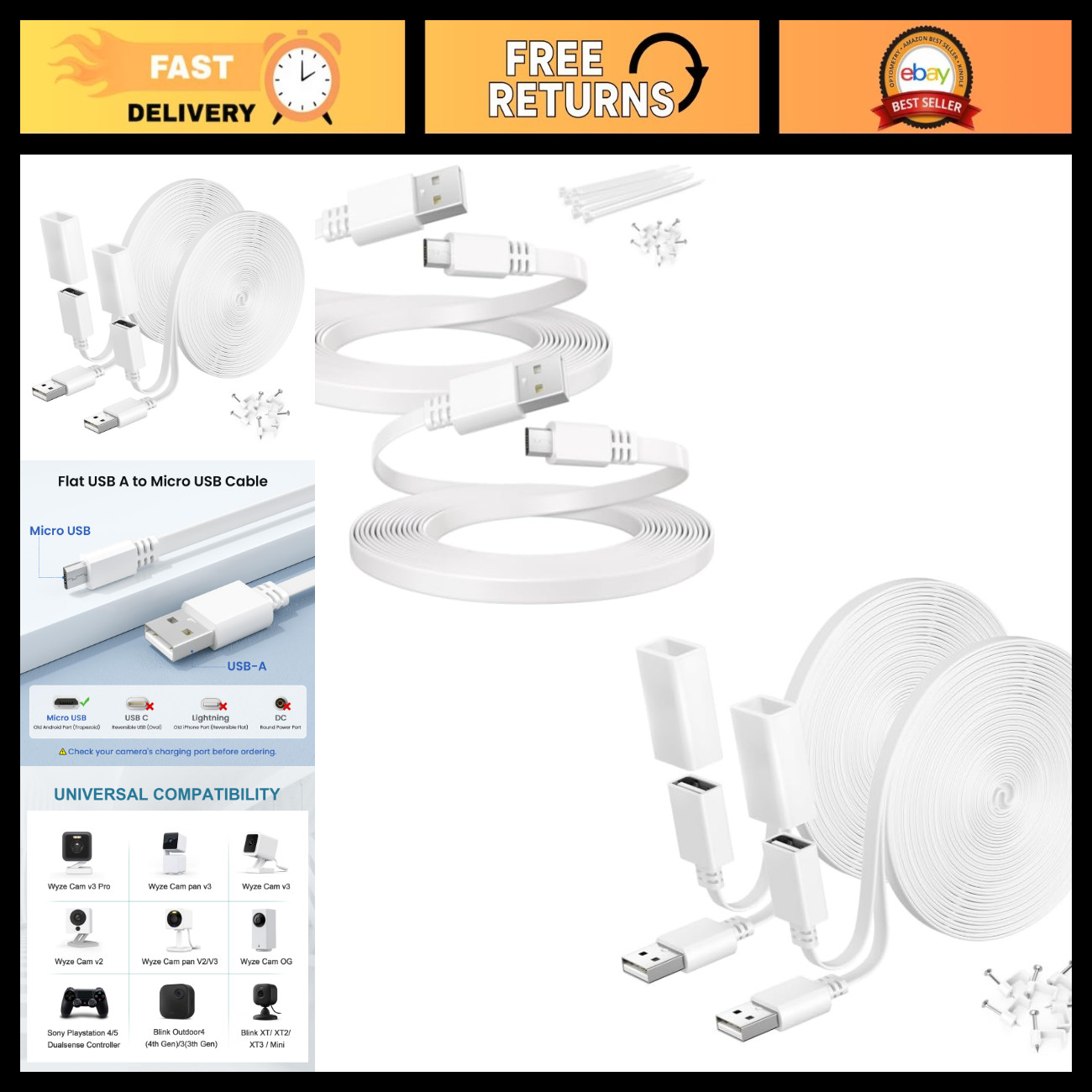 Micro USB 20FT & USB Extension Cable 10FT - 4 Pack, Fast Charging & Data Sync