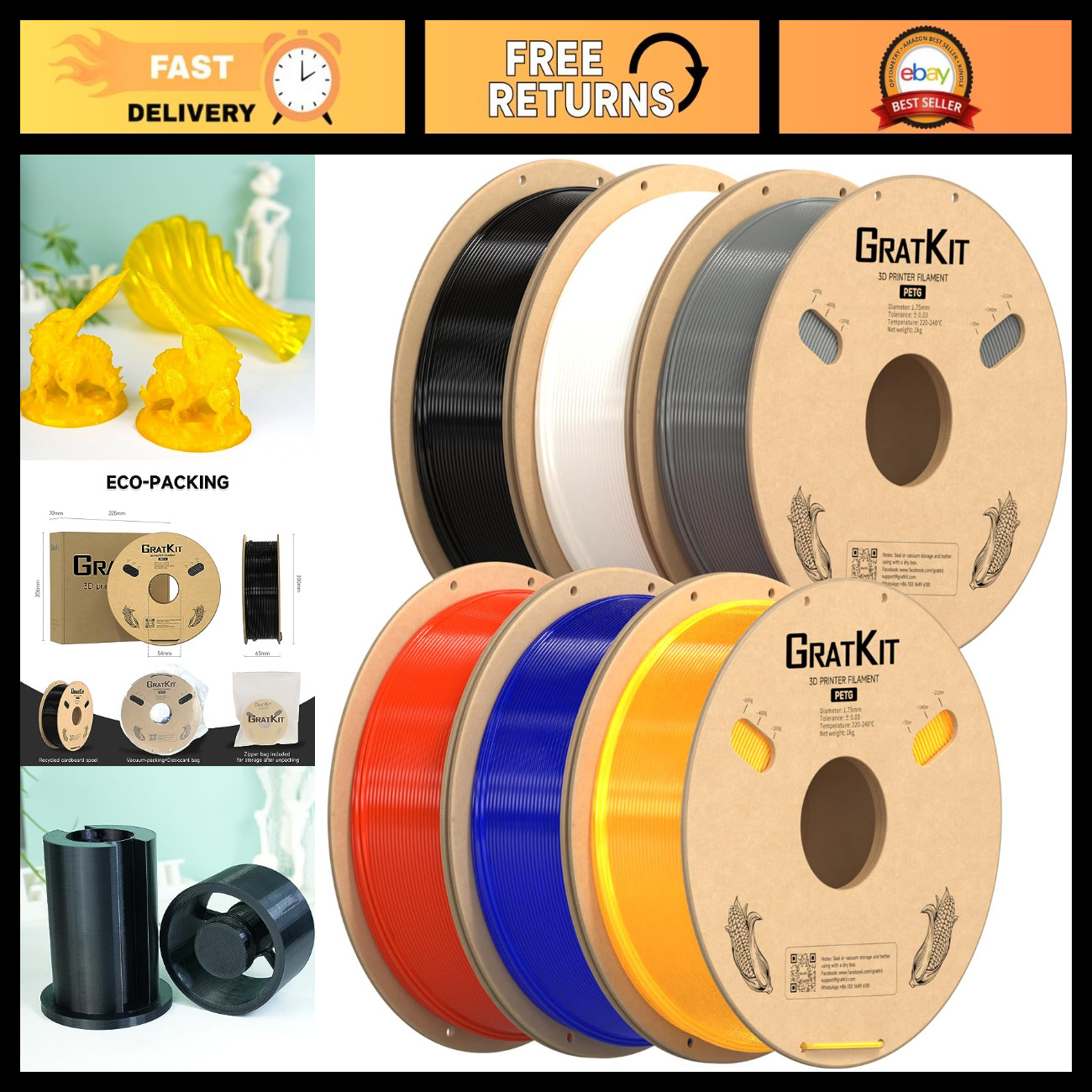 6KG PETG 3D Printer Filament Bundle - 1.75mm Multi-Color Rolls: Black, White, Gr