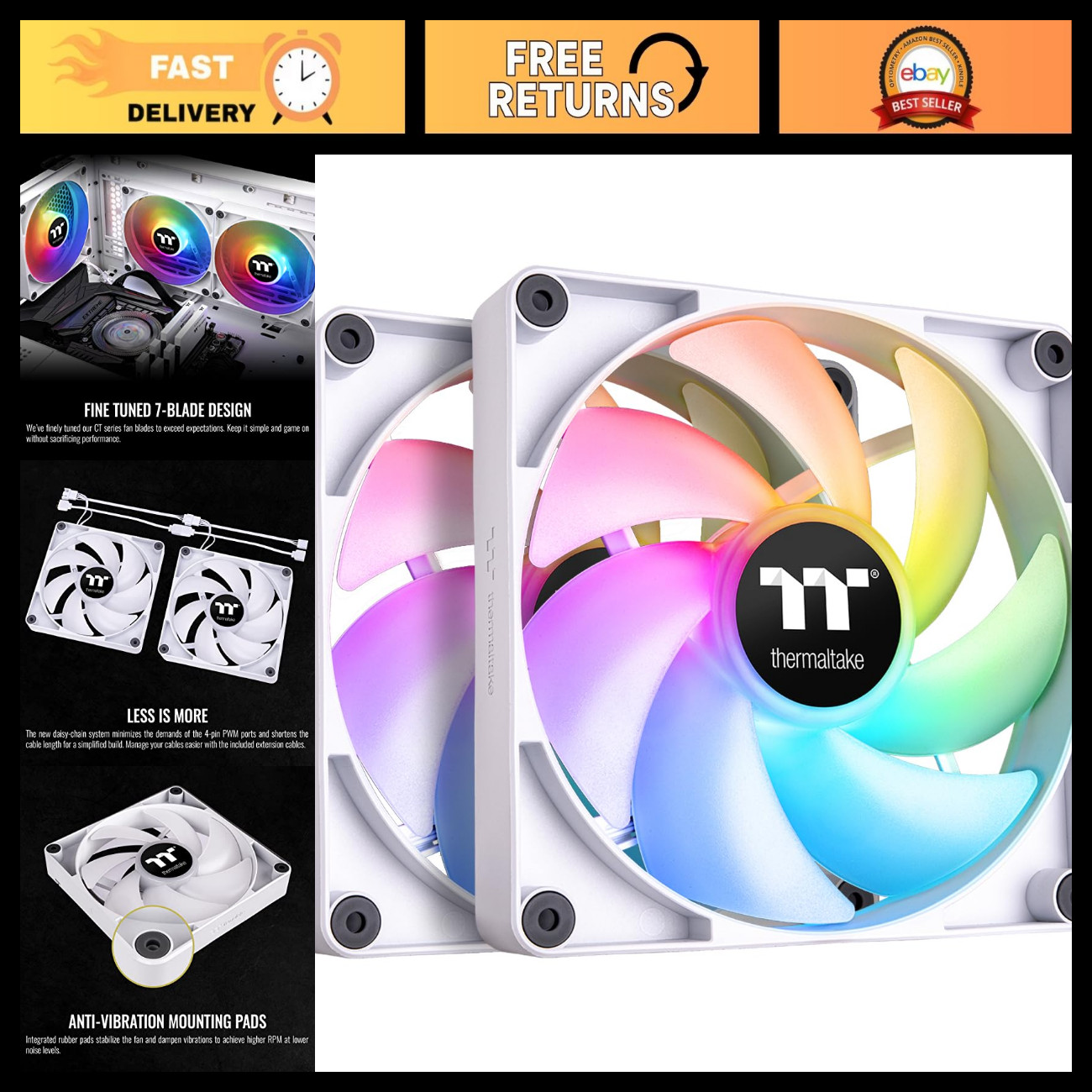 RGB PC Cooling Fans 140mm - 2-Pack, Addressable LEDs, 5V Sync, White, Hydraulic