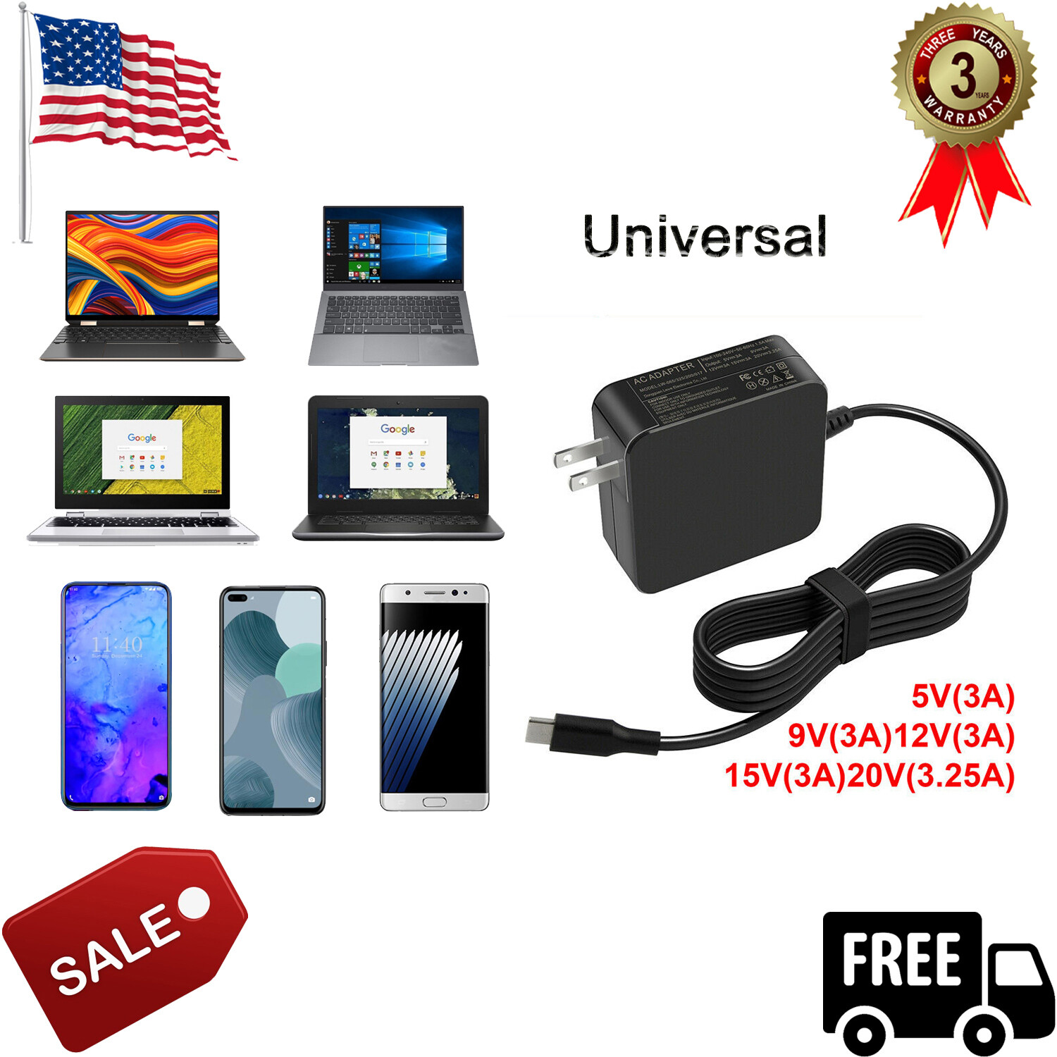 Universal PD 65W Super Fast Charger Type C Laptop Power Supply Adapter with Cord