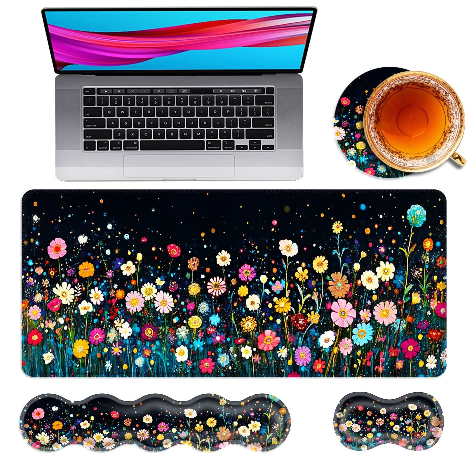 Large Mouse Pad Keyboard Wrist Rest 4in1 Set Desk Mat Colorful Flower