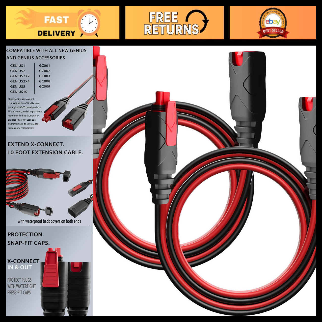 10.5ft Extension Cable for NOCO Genius Smart Battery Chargers - 2 Pack Accessory