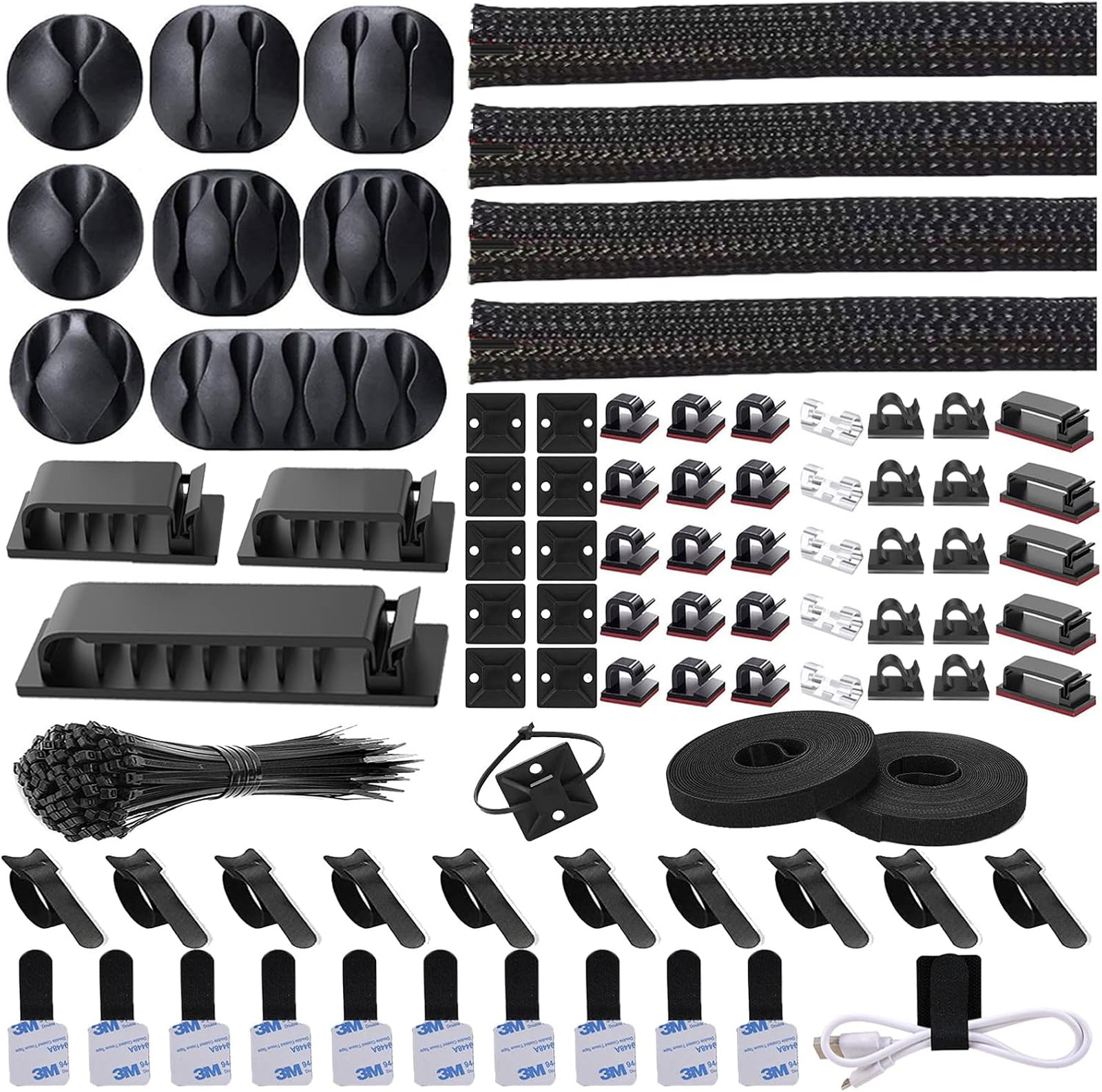 192 Piece Cable Management Kit Wire Organizer Sleeve Cord Clamps Ties Mounts