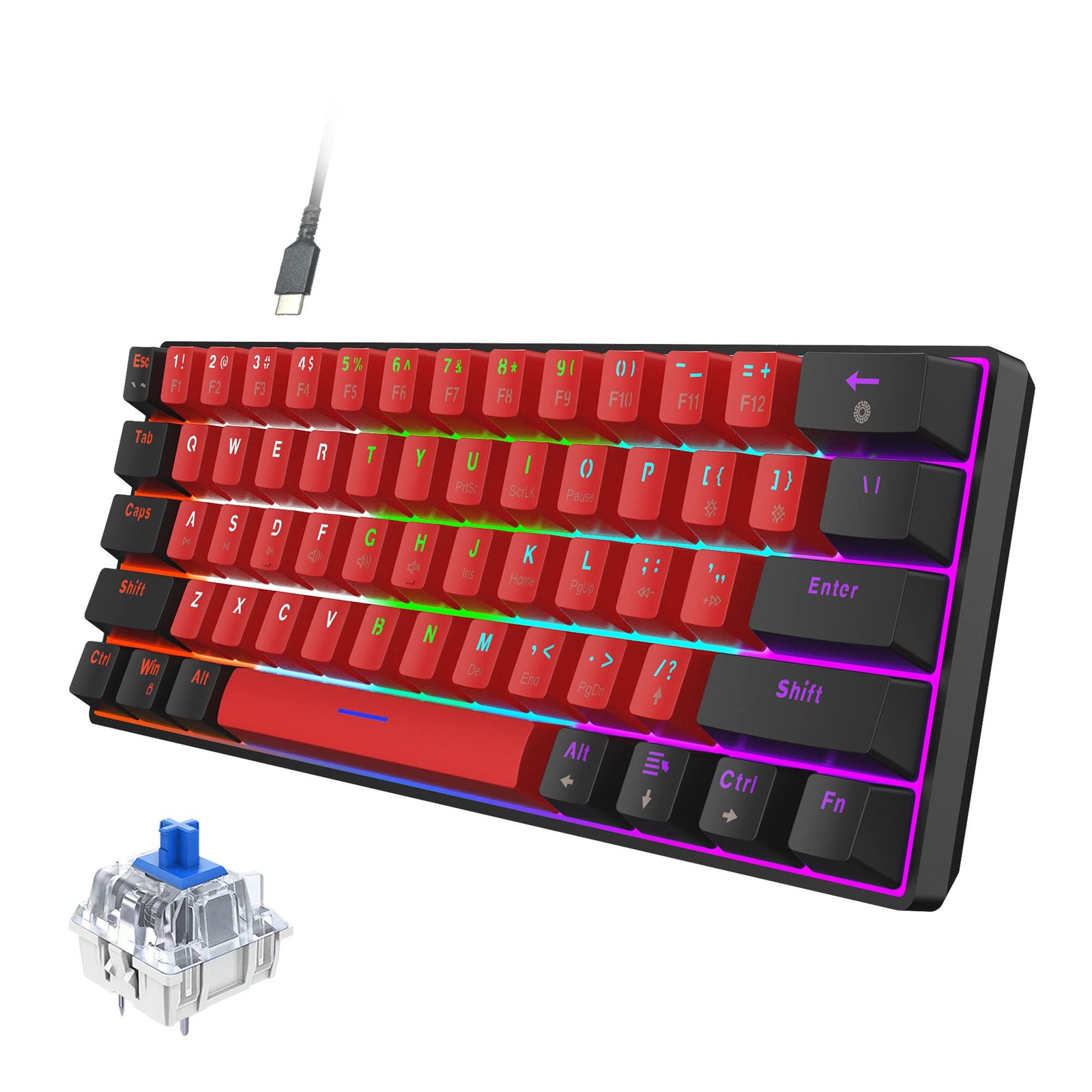 60 Percent Wired Mechanical Gaming Keyboard Blue Switch LED Backlit Mac PC
