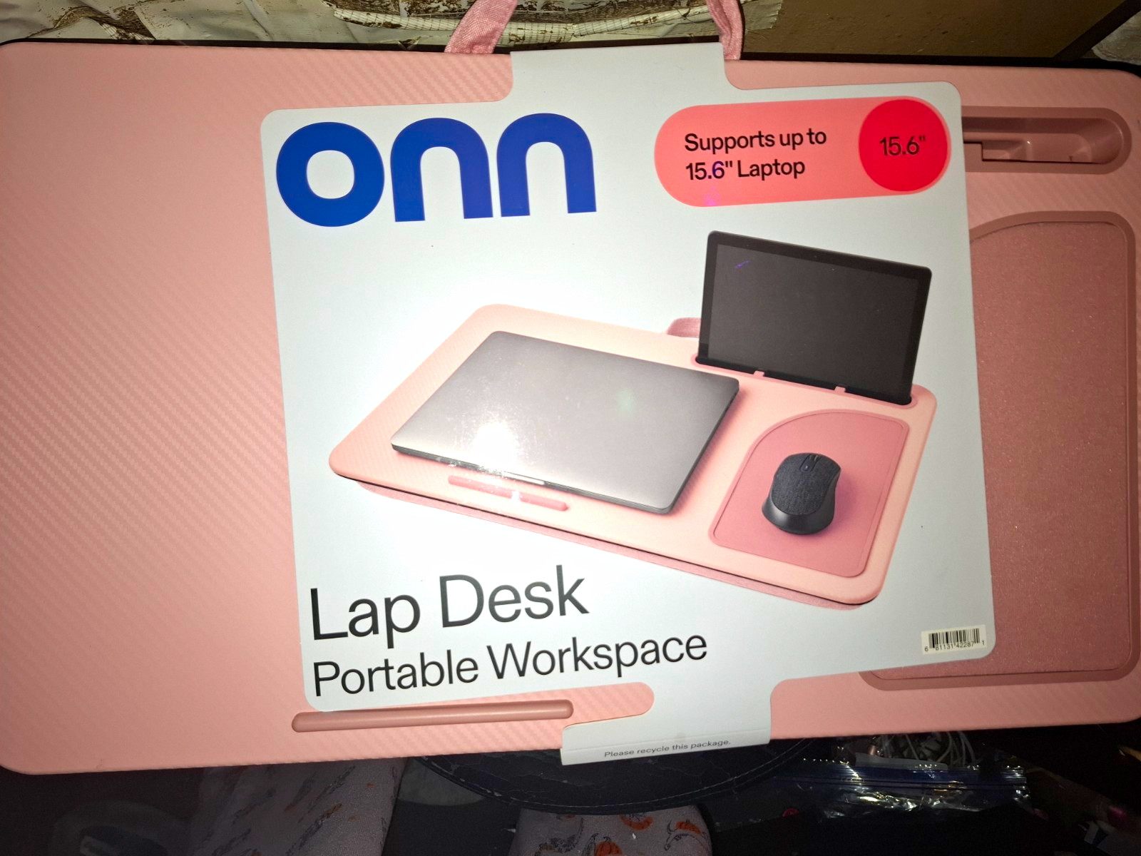 onn. Pink Lap Desk Portable Workspace w/ Mouse Pad Handle Fits 15.6" Laptop
