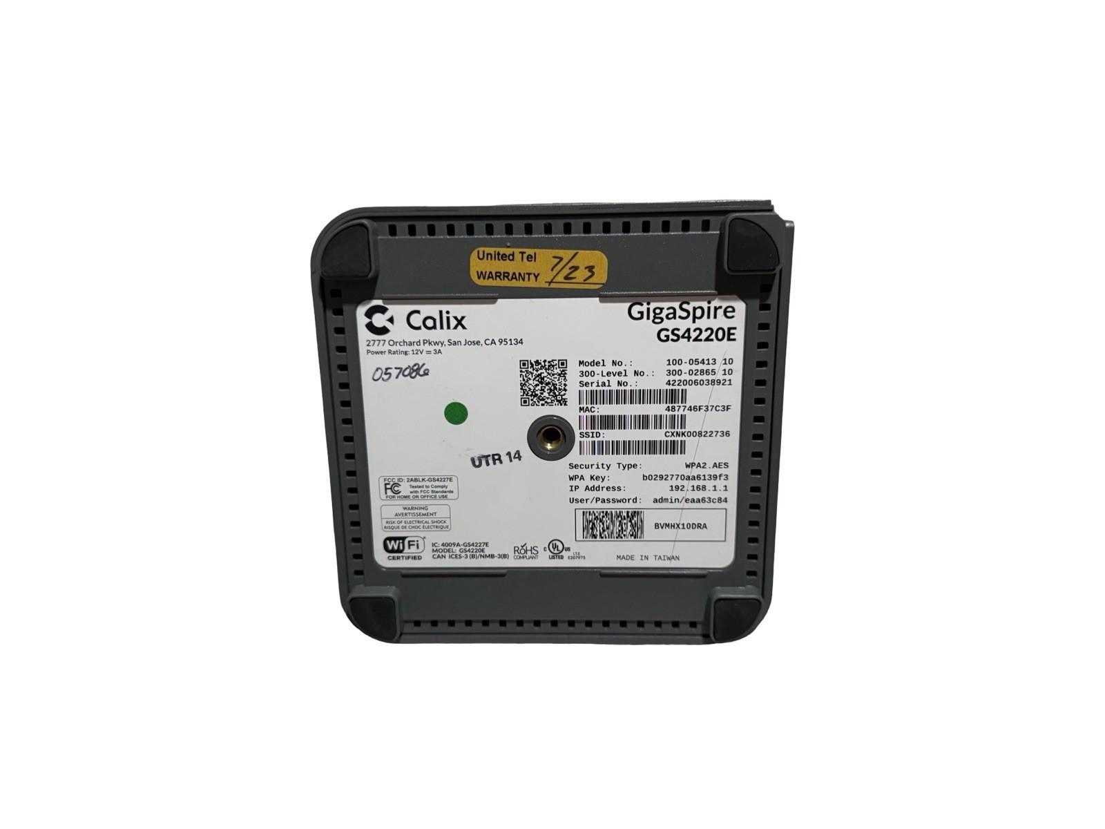Calix GigaSpire GS4220E Router with A/C Adapter and Power Cord
