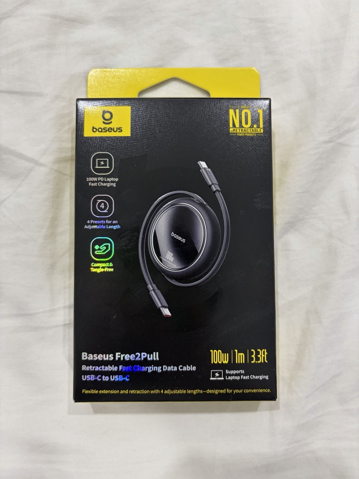 Baseus Free2Pull Retractable USB-C to USB-C 100W Fast Charge Cable 3.3ft Black