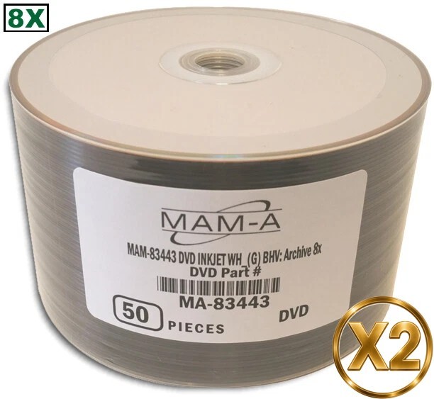 100-Pak MAM-A (Mitsui) White Inkjet Hub/GOLD 8X ARCHIVAL GOLD DVD-R's (#83443)