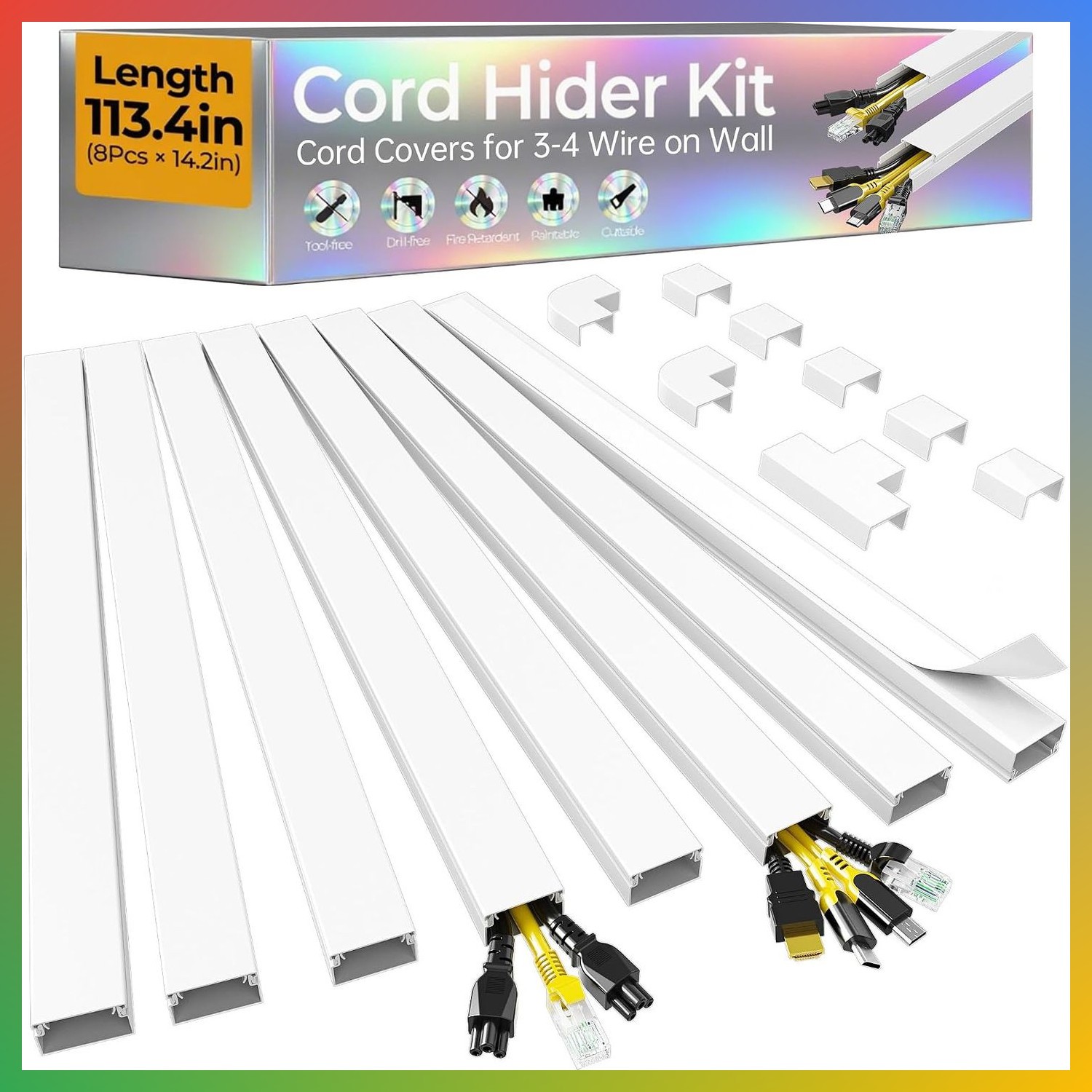 Wire Hider Kit Cord Covers 3-4 Wires Paintable 113.4in White Cable Management