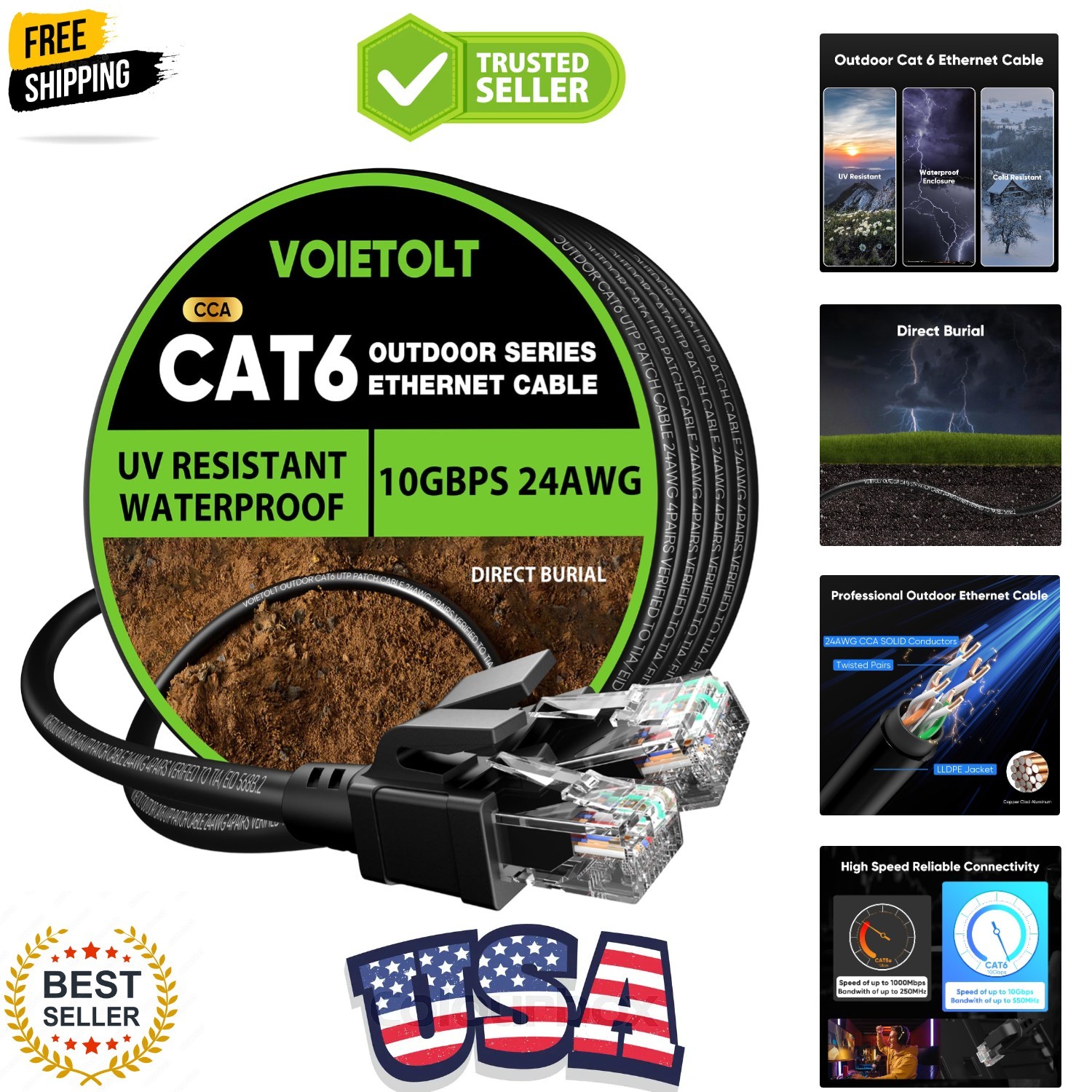 Cat 6 Outdoor Ethernet Cable 250 ft, 24AWG 10Gbps Cable Cord Waterproof Direc...