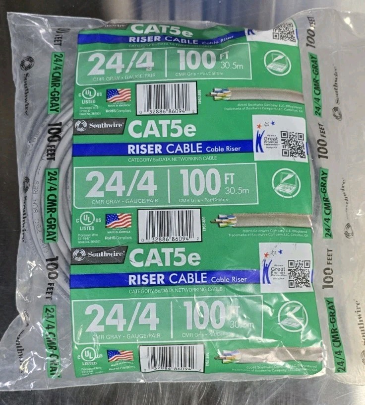 Southwire CAT5e 24/4 100ft Cable Riser Cord  100' CMR Gray Wire No 56917943