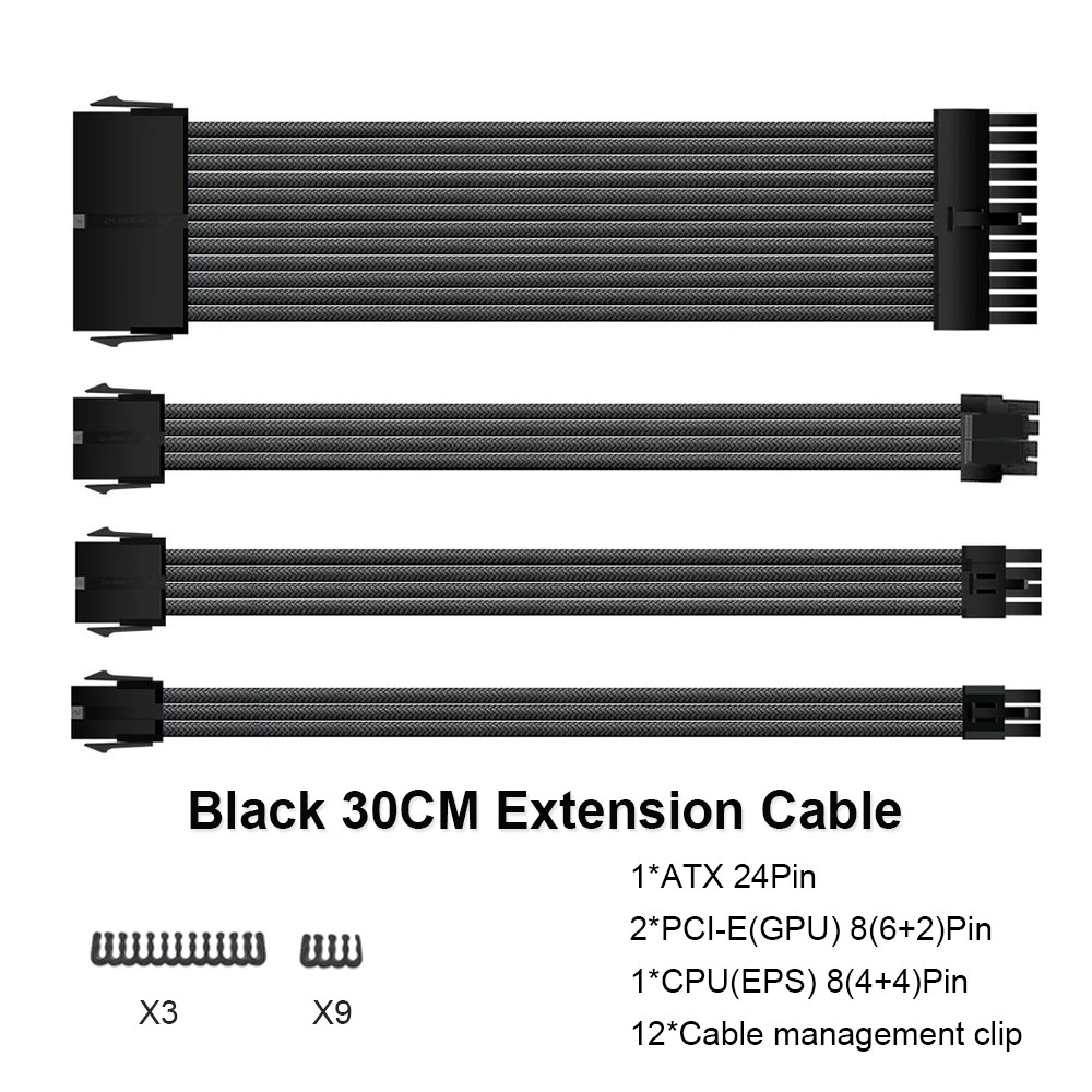4-Piece 300mm PSU Extension Cable Kit ATX 24Pin PCI-E GPU CPU 8Pin 18AWG