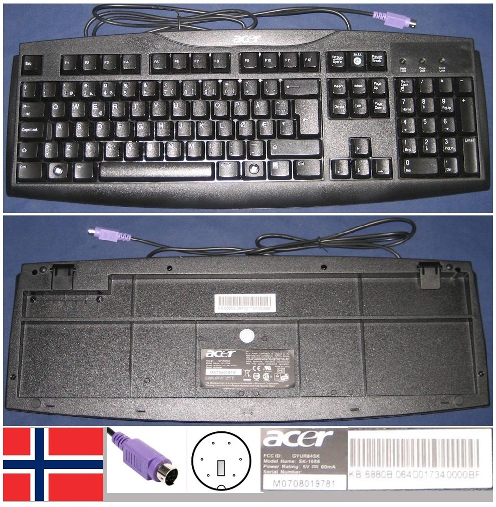 Qwerty Keyboard No Norwegian Acer SK-1688 KB.6880B.064, KB6880B064 Port PS/2