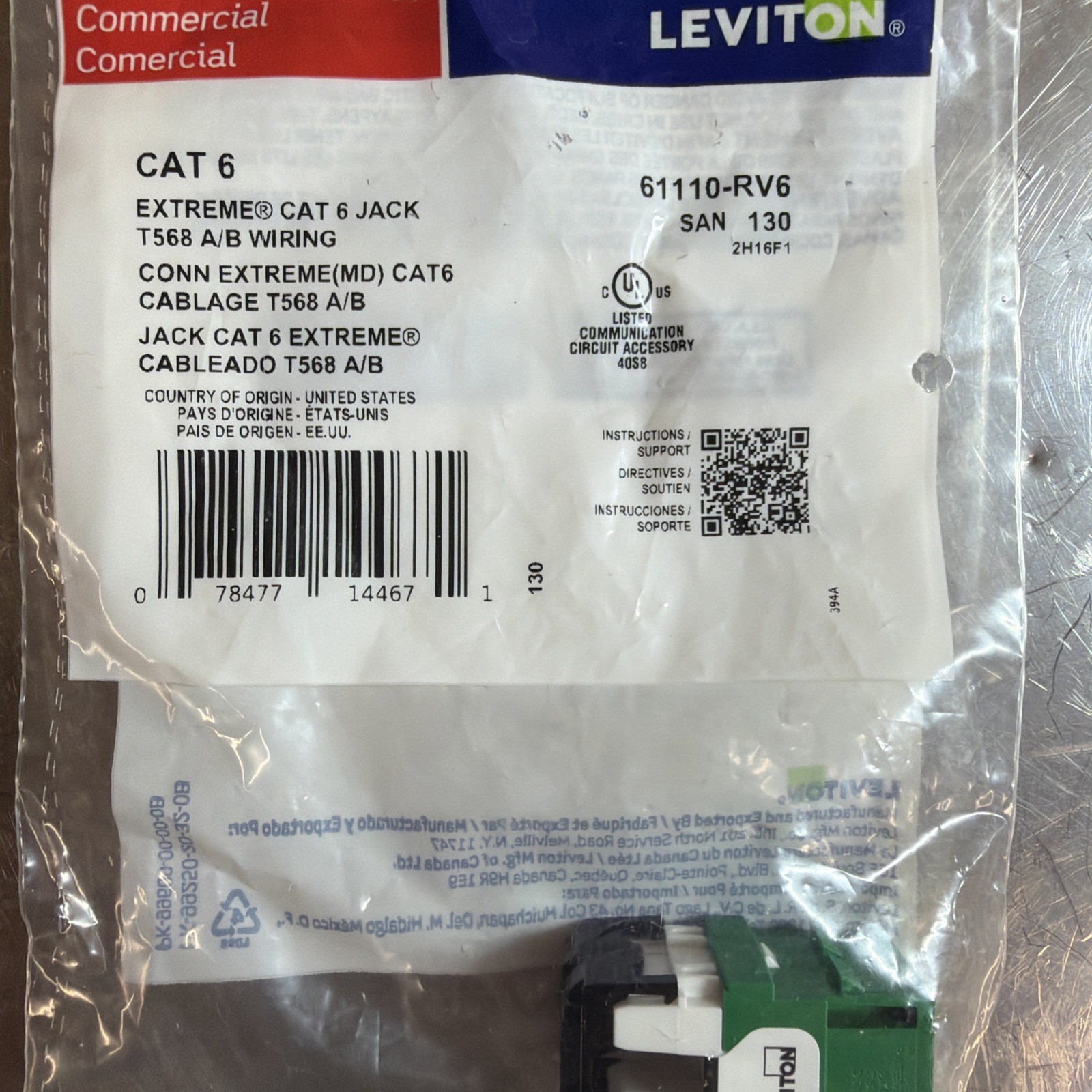 Brand New Sealed Leviton 61110-RV6, eXtreme Cat 6 QuickPort Connector, Green