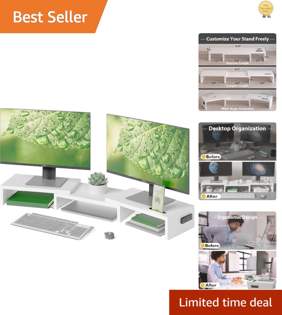 Versatile Dual Monitor Stand Riser: Ergonomic White Design with Large Storage
