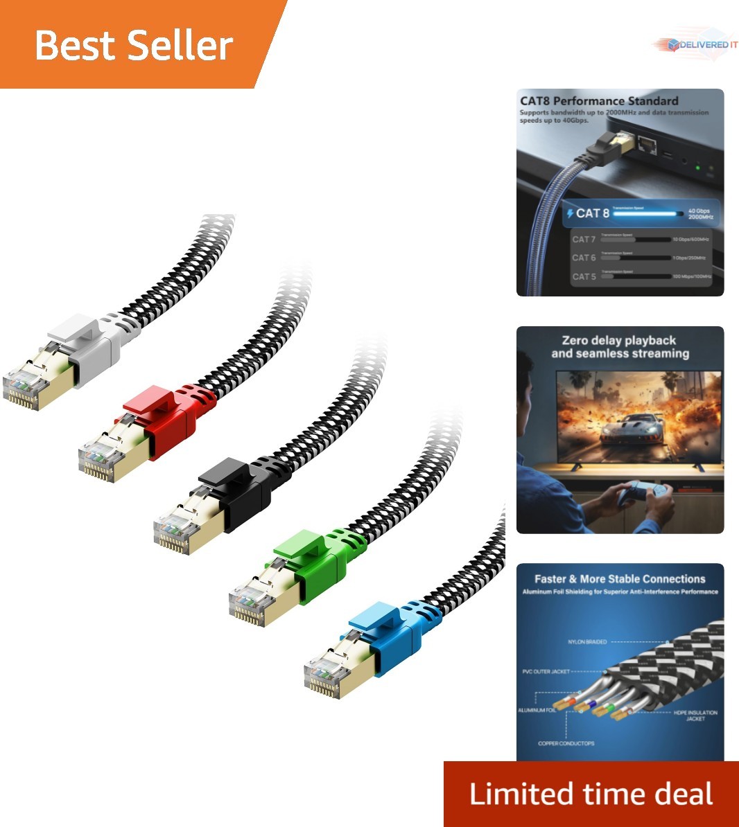 Cat 8 Ethernet Cable 7 ft 5 Pack Multi Color Flat High Speed Shielded LAN Patch