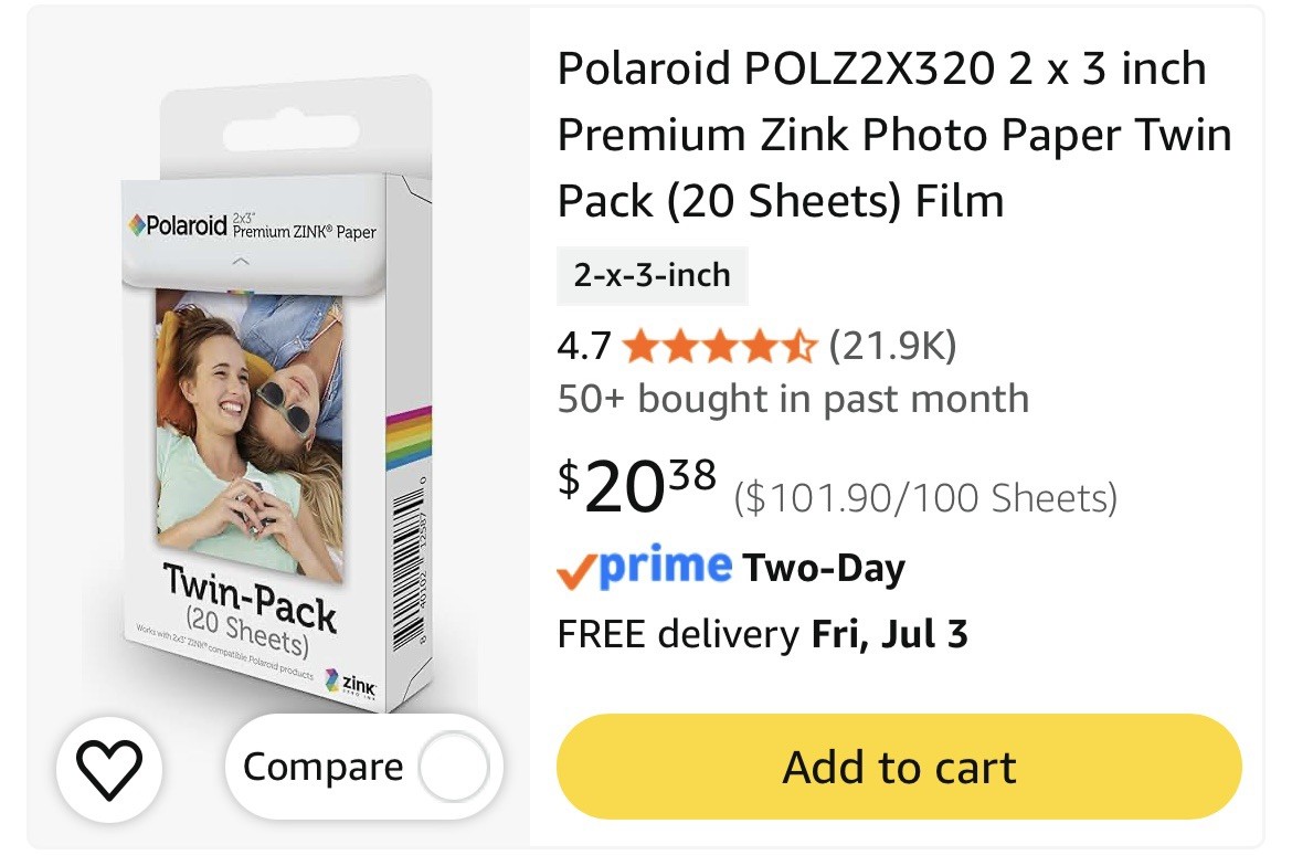 Polaroid POLZ2X320 Premium ZINK Photo Paper 2x3" - 20 Sheets