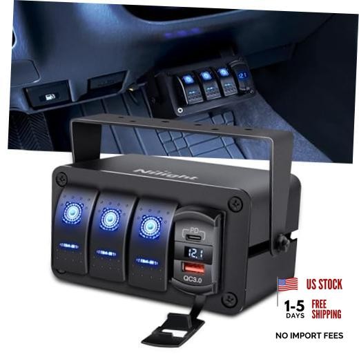 3 Gang Rocker Switch Panel Blue Backlit with PD 4 Gang Type C +USB Blue+Box