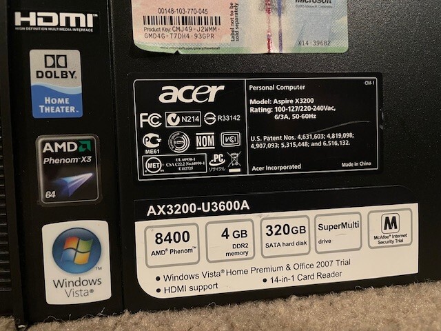 Fully Functional Acer Aspire AX3200-U3600A 320GBHD 8400 CPU 4GB DDR 64 Bit