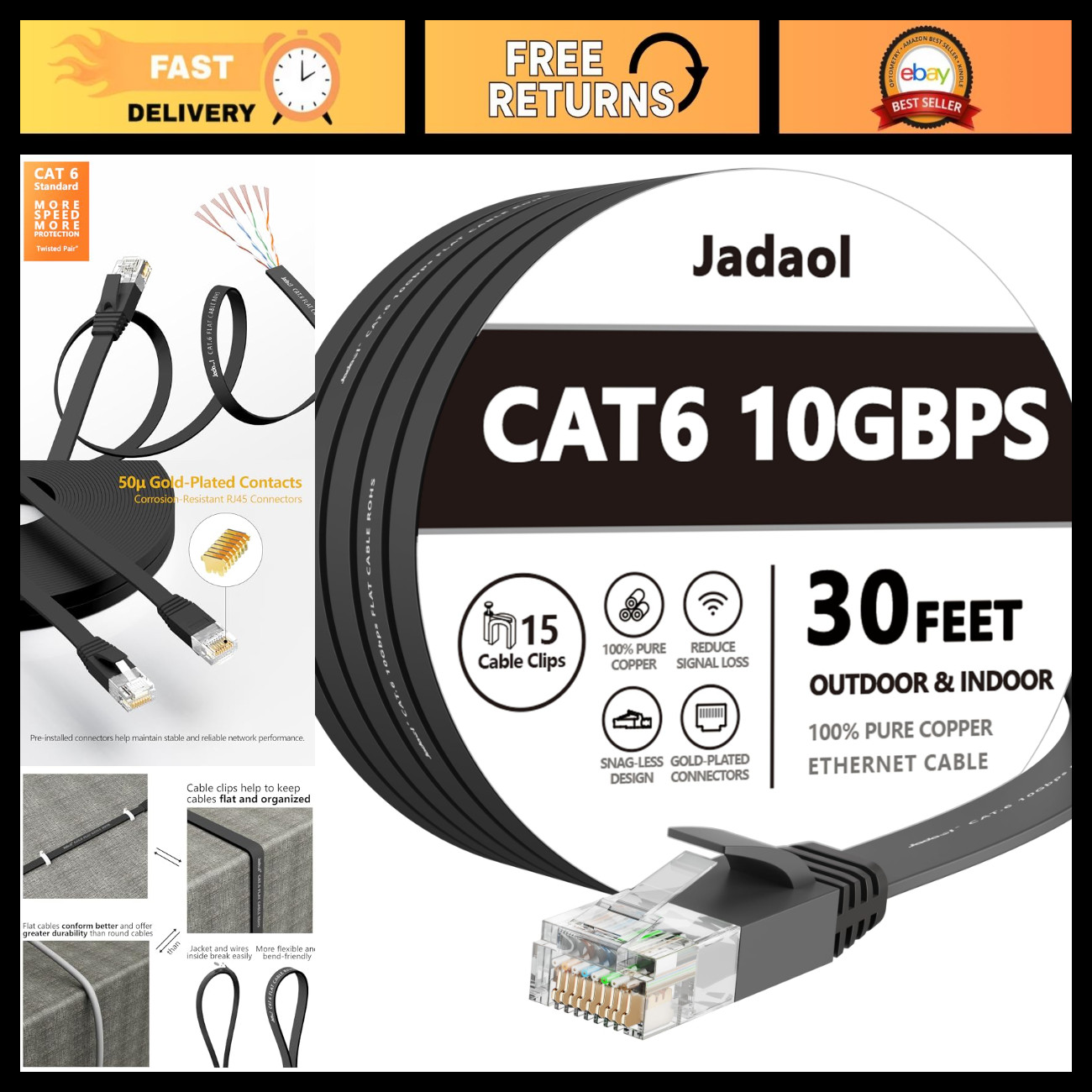 30FT Flat Cat6/Cat6A Ethernet Cable with Clips, 10Gbps High-Speed Network, Black