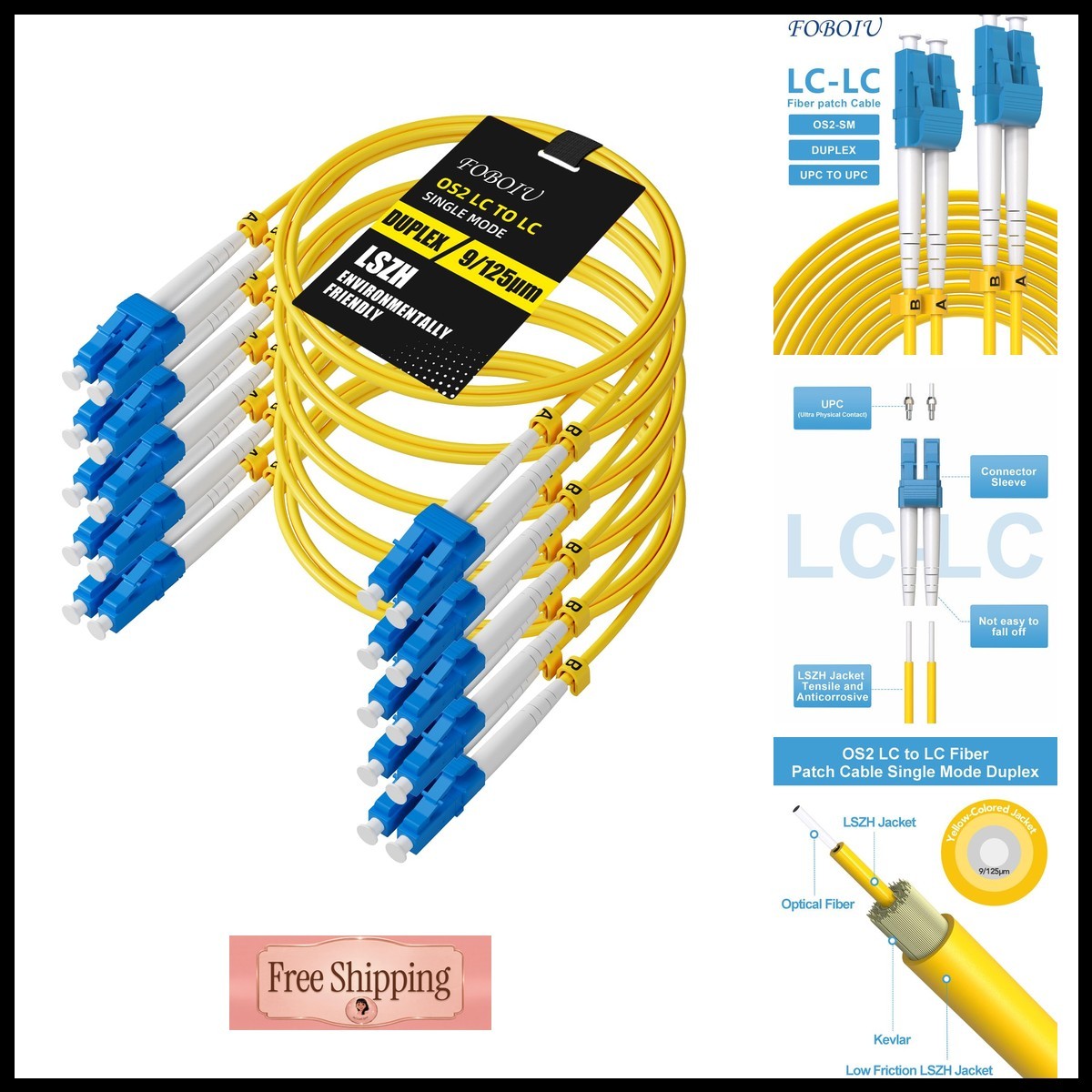Foboiu OS2 LC to LC Single Mode Fiber Patch Cable 1m/3.3ft 5-Pack Duplex