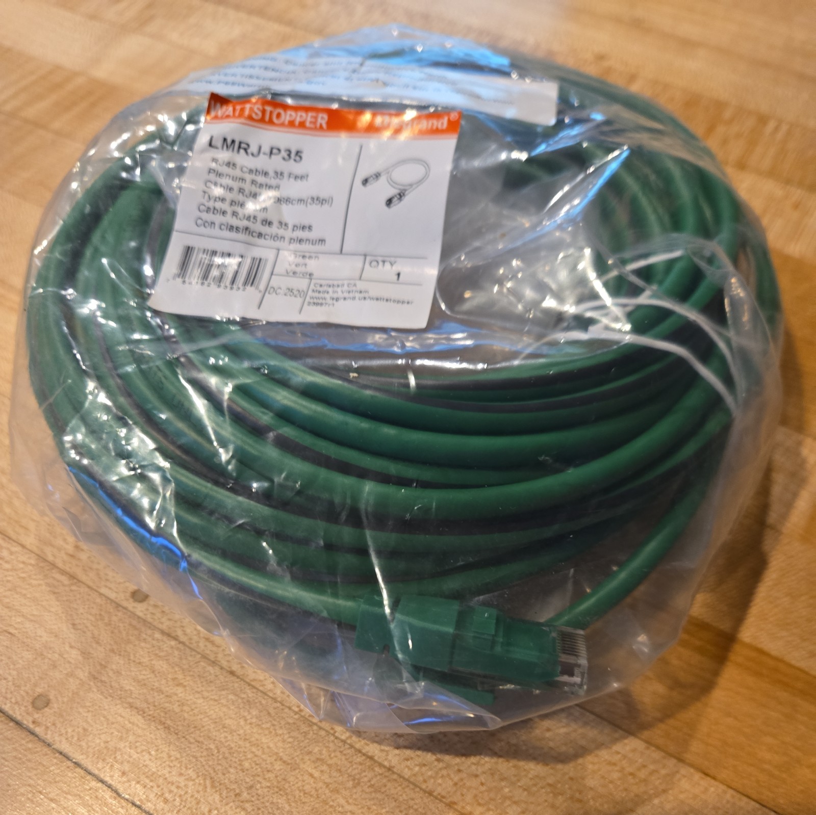 Legrand Wattstopper LMRJ-P35 35 ft Cat-5e Plenum-Rated RJ45 Cable – Green