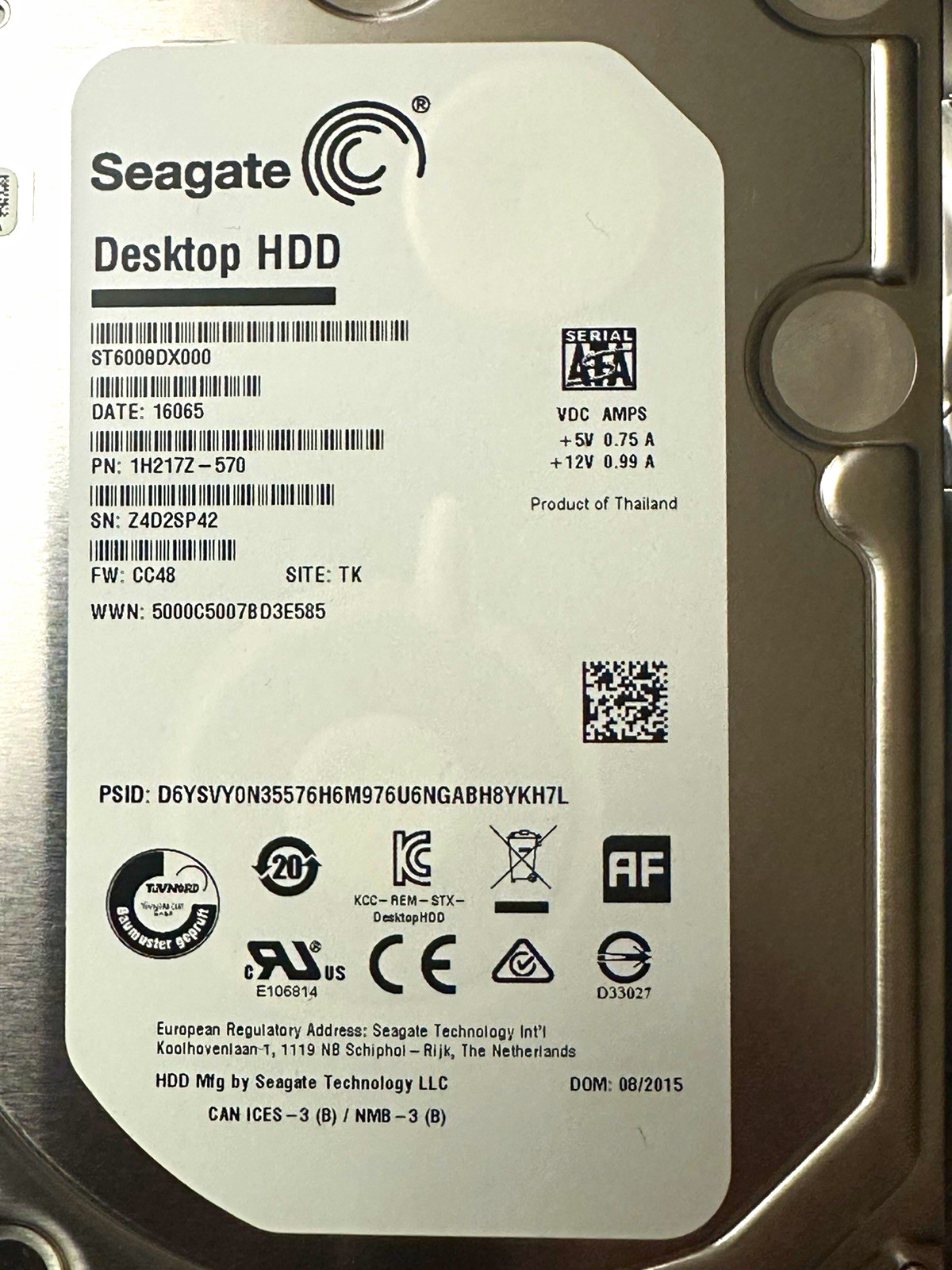 Seagate Desktop HDD 6TB 3.5in SATA 7200RPM 64MB ST6000DX000 1H217Z