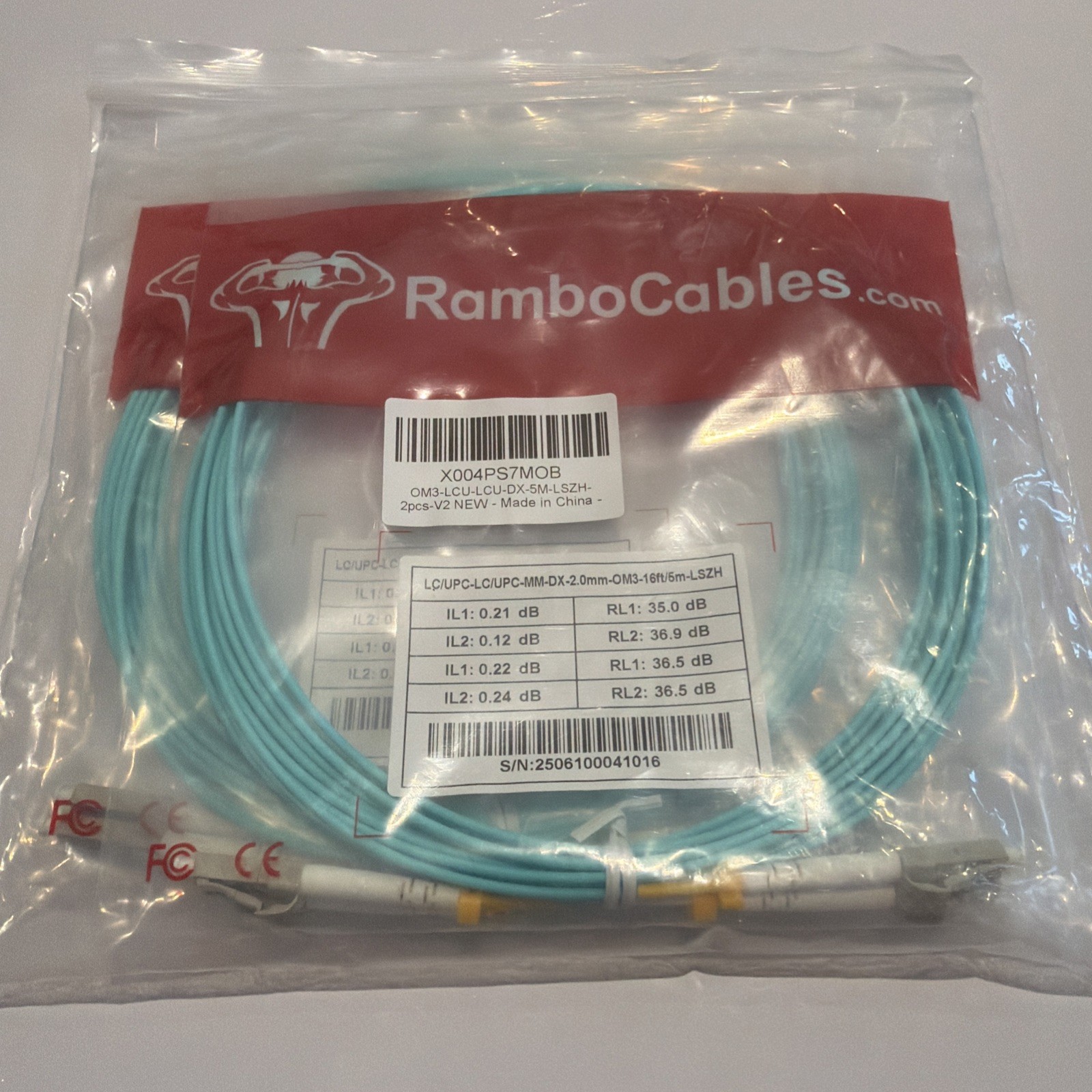 RamboCables 2-Pack OM3 LC-LC Multimode Fiber Optic Cable 5m 16ft Duplex LSZH