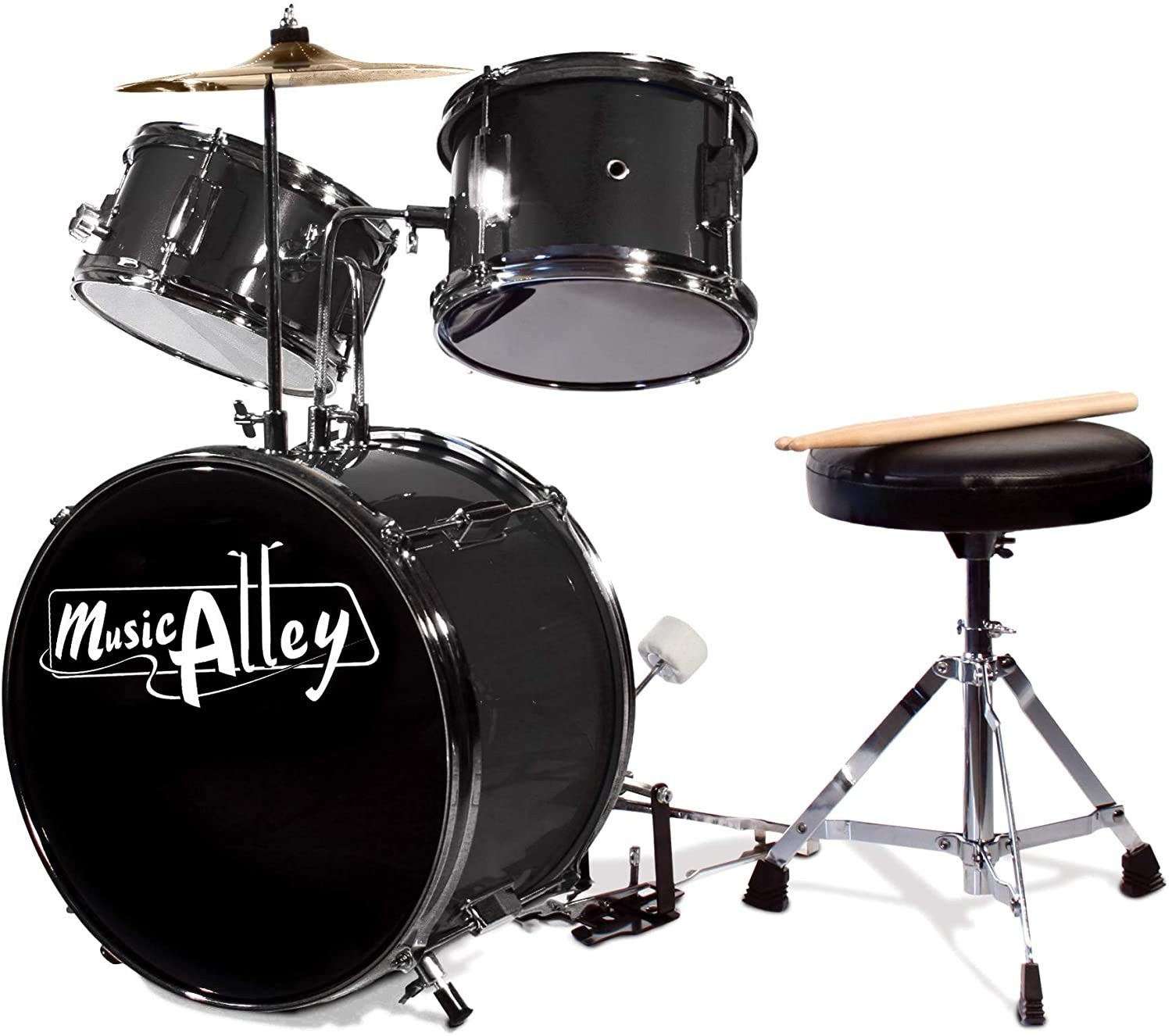 3 Piece Kids Drum Set with Throne Cymbal Sticks Black