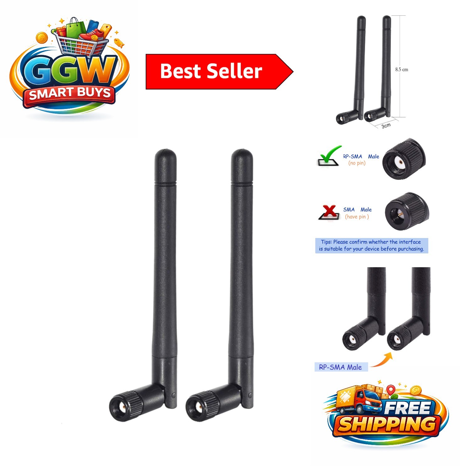 Compact 2-Pack RP-SMA Male WiFi Antennas - Perfect for Routers & Surveillance