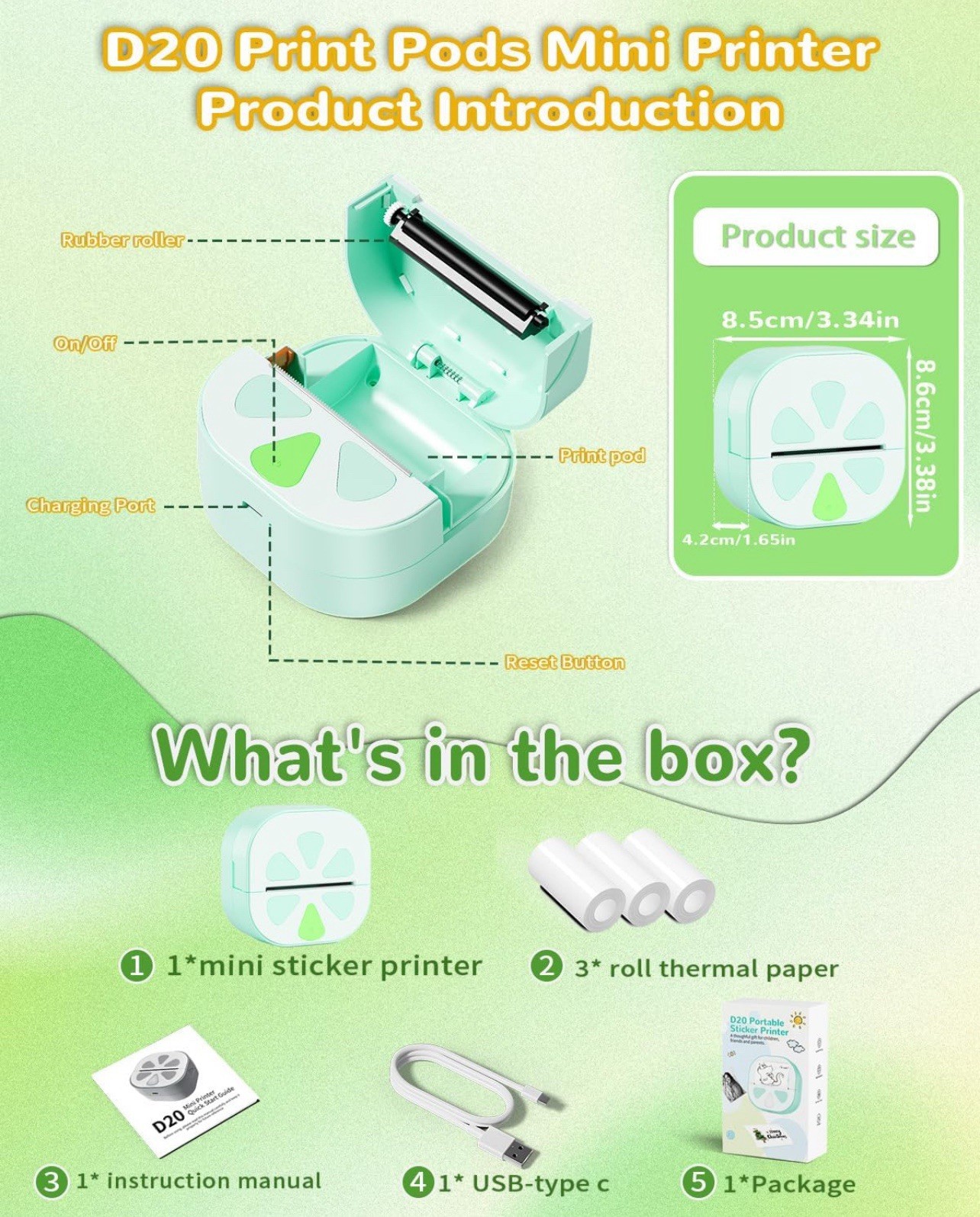 Mini Sticker Printer, D20 Portable Bluetooth Inkless Thermal Sticker Maker Blue