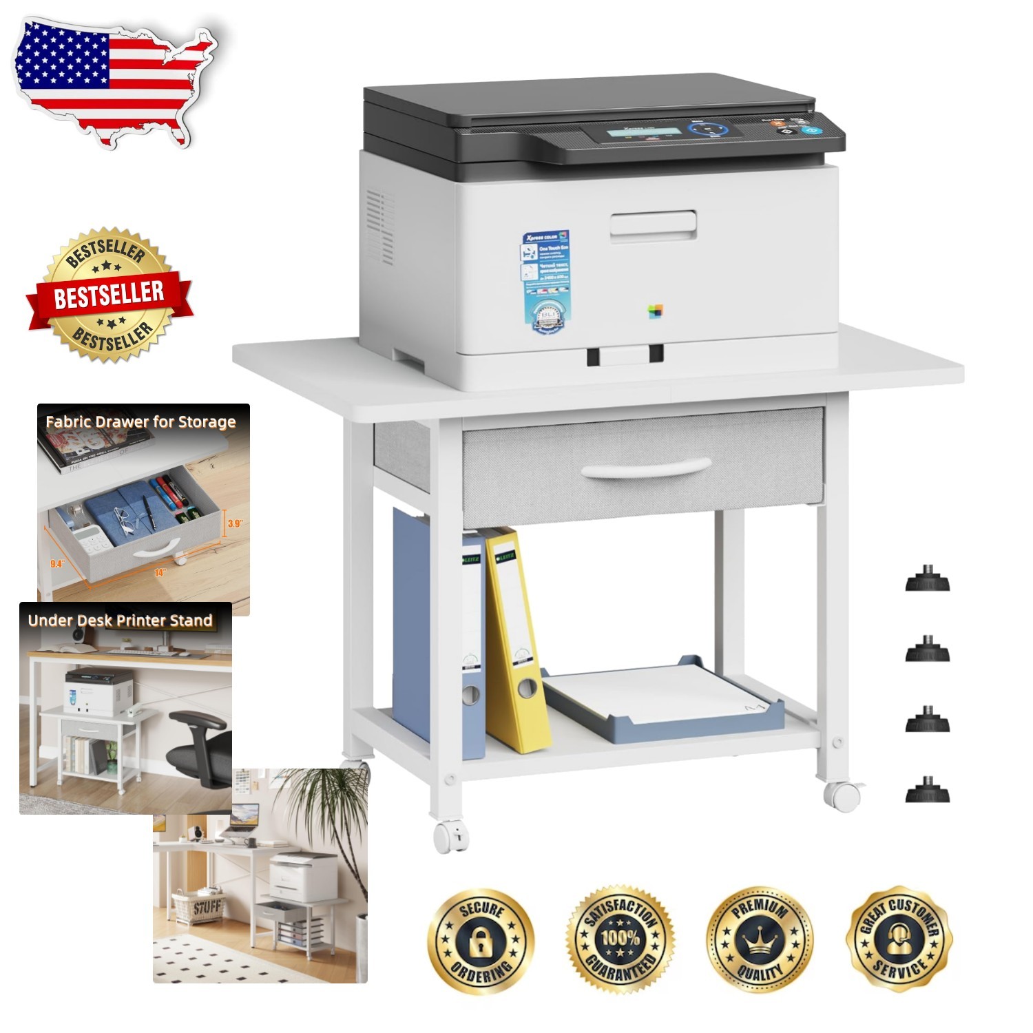 Deluxe Printer Stand with Drawer, 2-Tier Rolling Cart, White, 4 Wheels