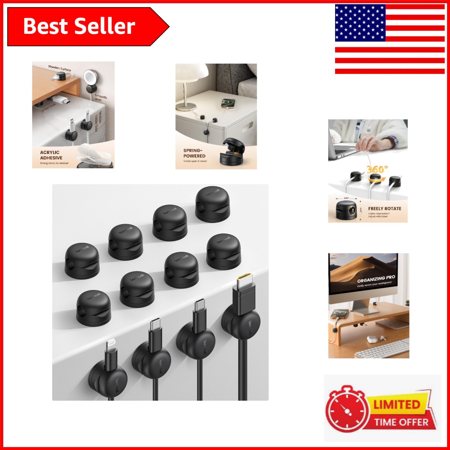 Compact & Stylish Cable Management Clips - 12 Count for Home or Office